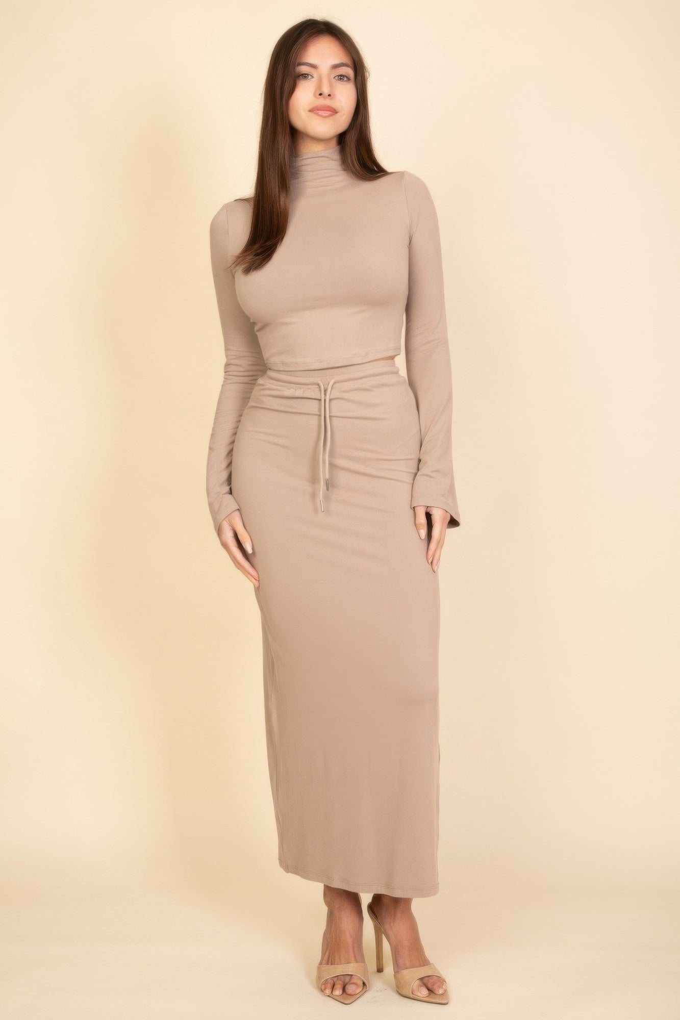 Mock Neck Bell Sleeve Crop Top & Maxi Skirt Set product image