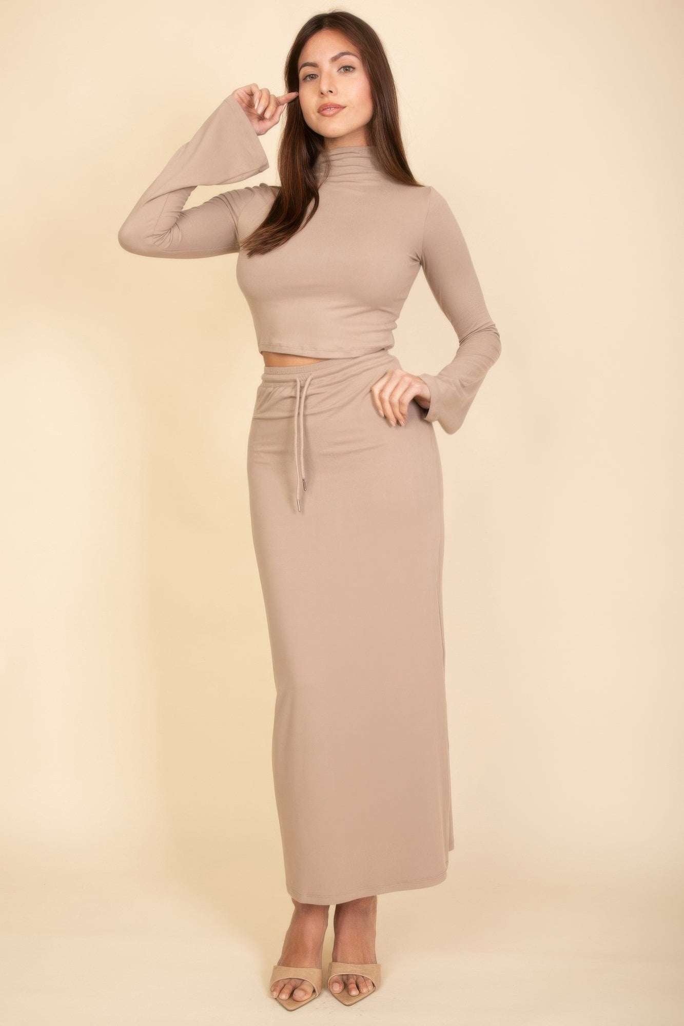 Mock Neck Bell Sleeve Crop Top & Maxi Skirt Set product image