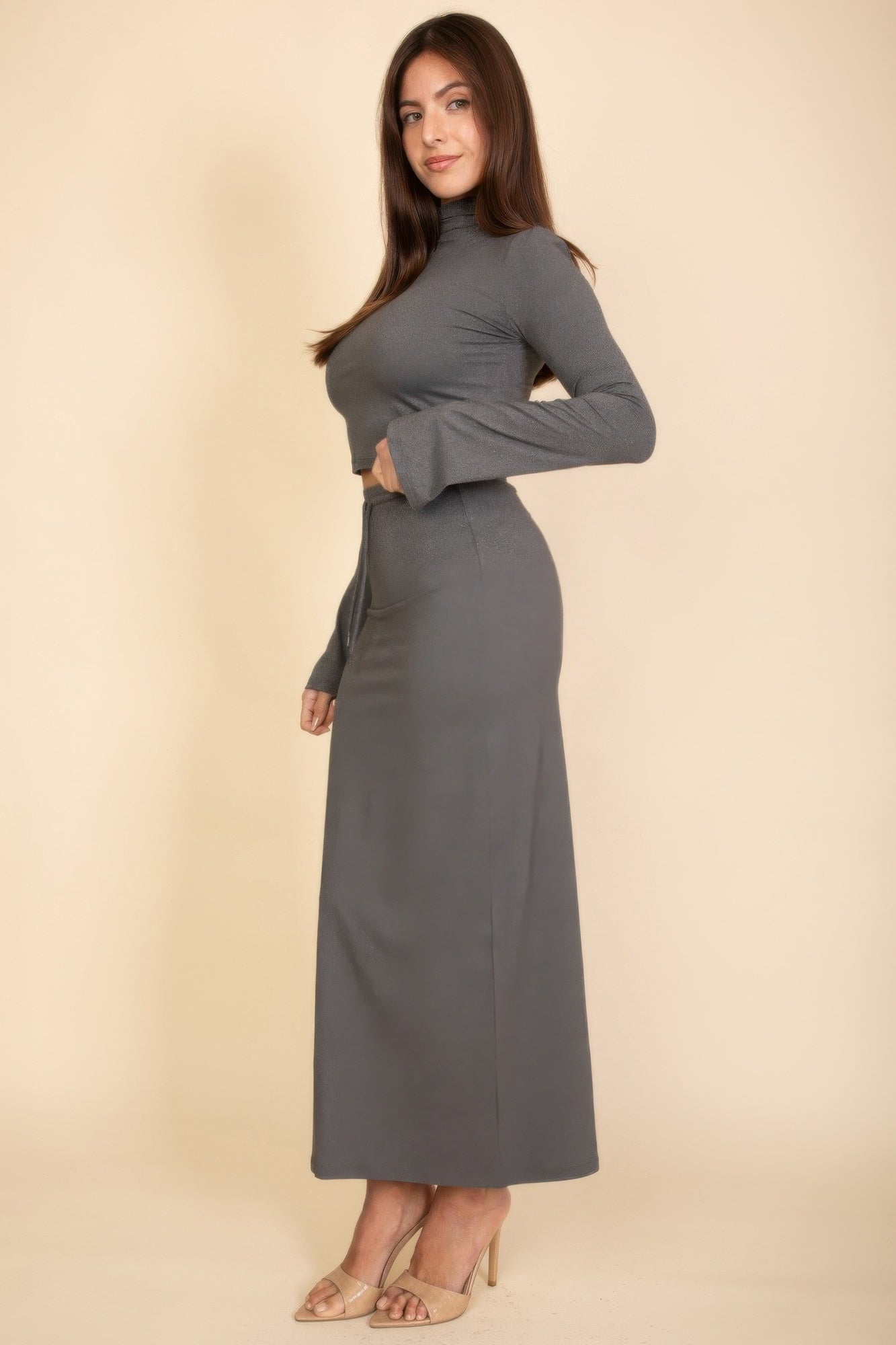 Mock Neck Bell Sleeve Crop Top & Maxi Skirt Set product image