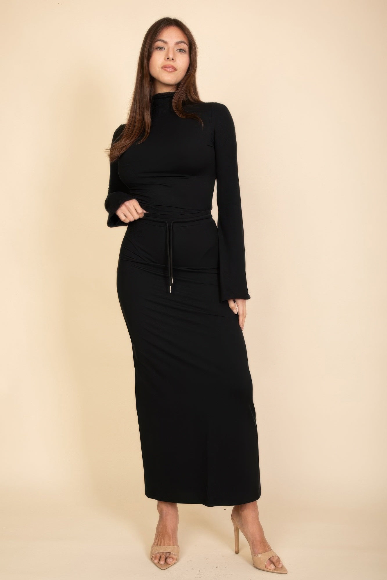 Mock Neck Bell Sleeve Crop Top & Maxi Skirt Set product image