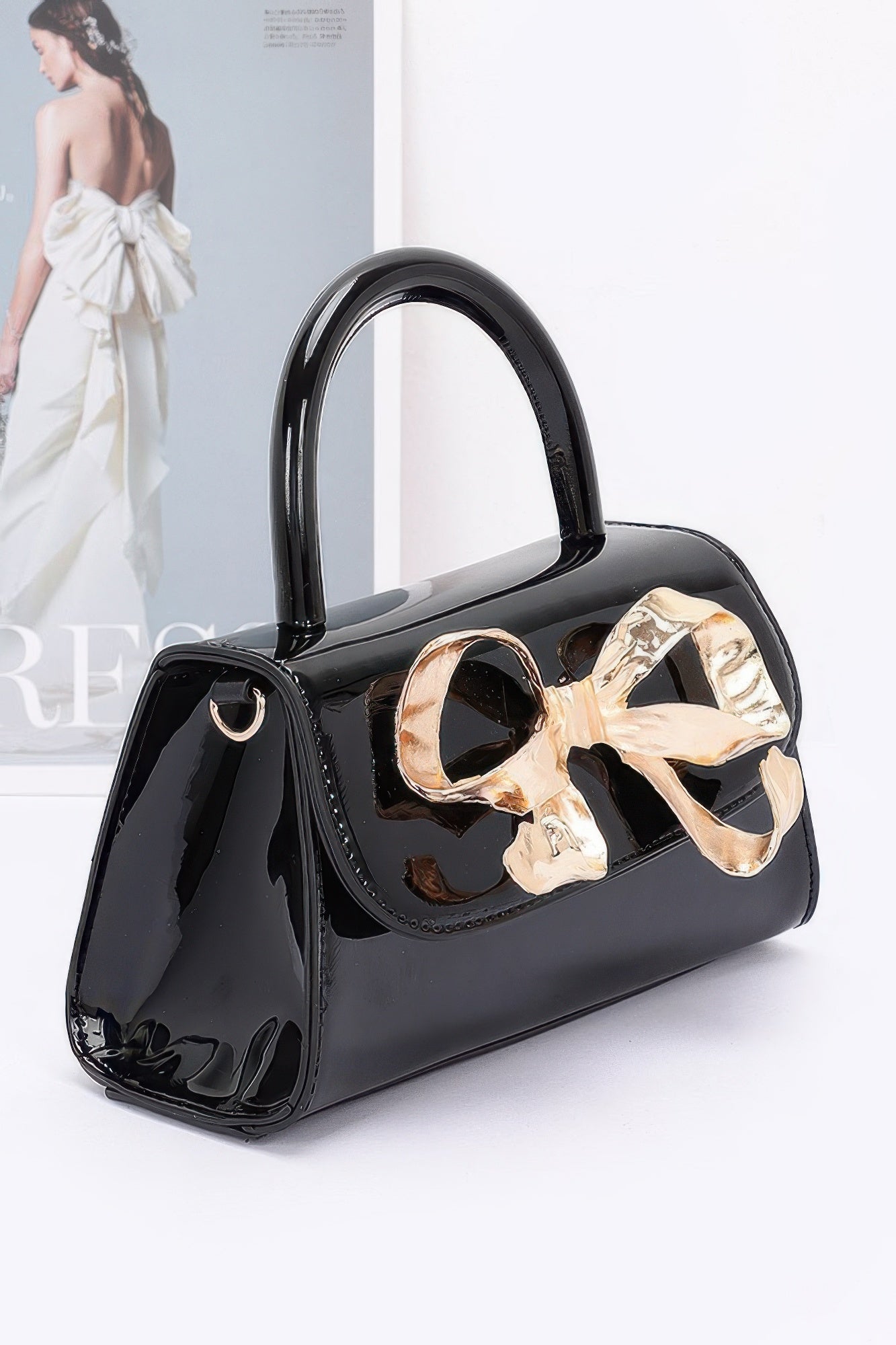 Faux Leather Metal Ribbon Top Handle Bag product image