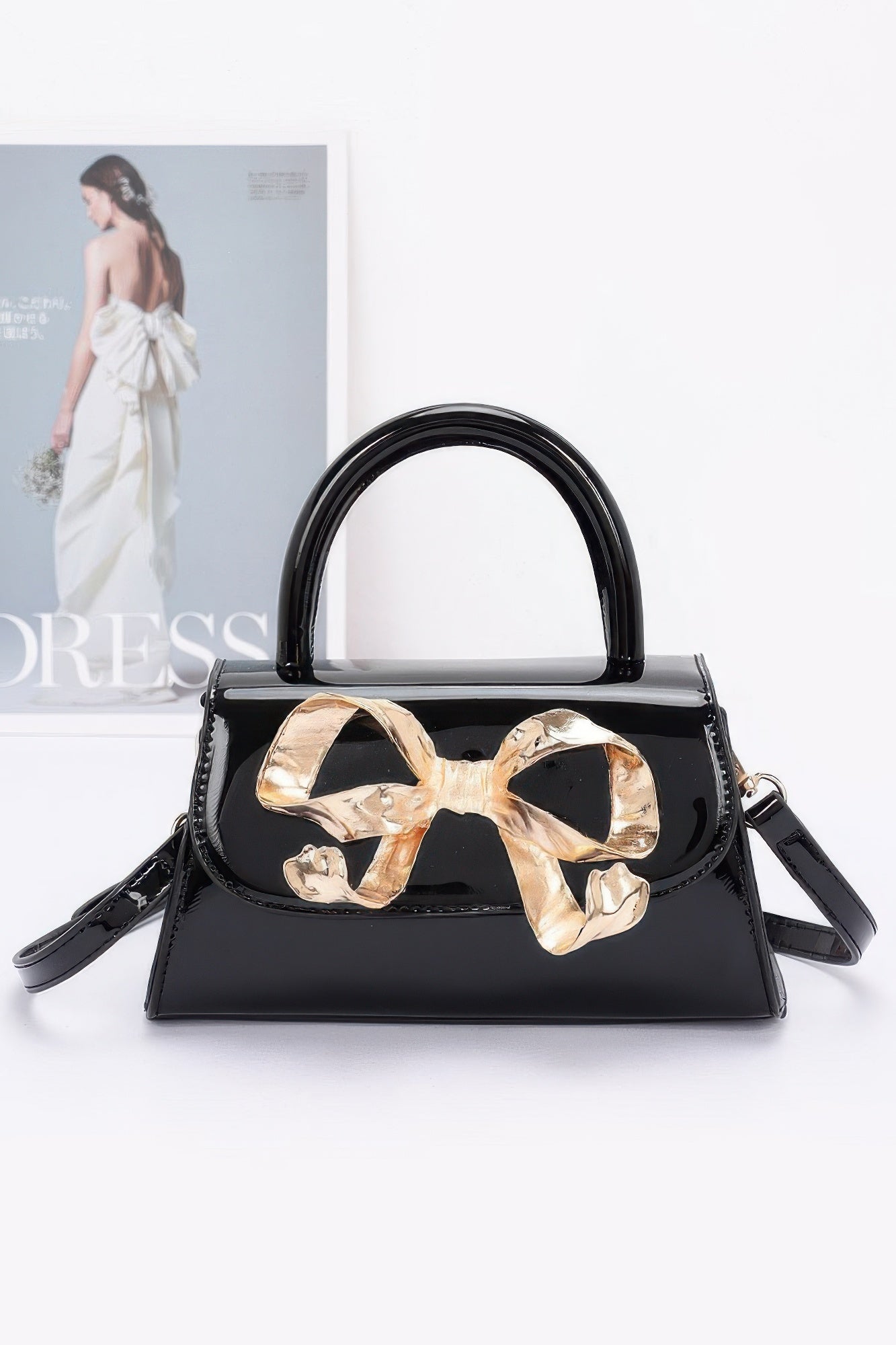 Faux Leather Metal Ribbon Top Handle Bag product image