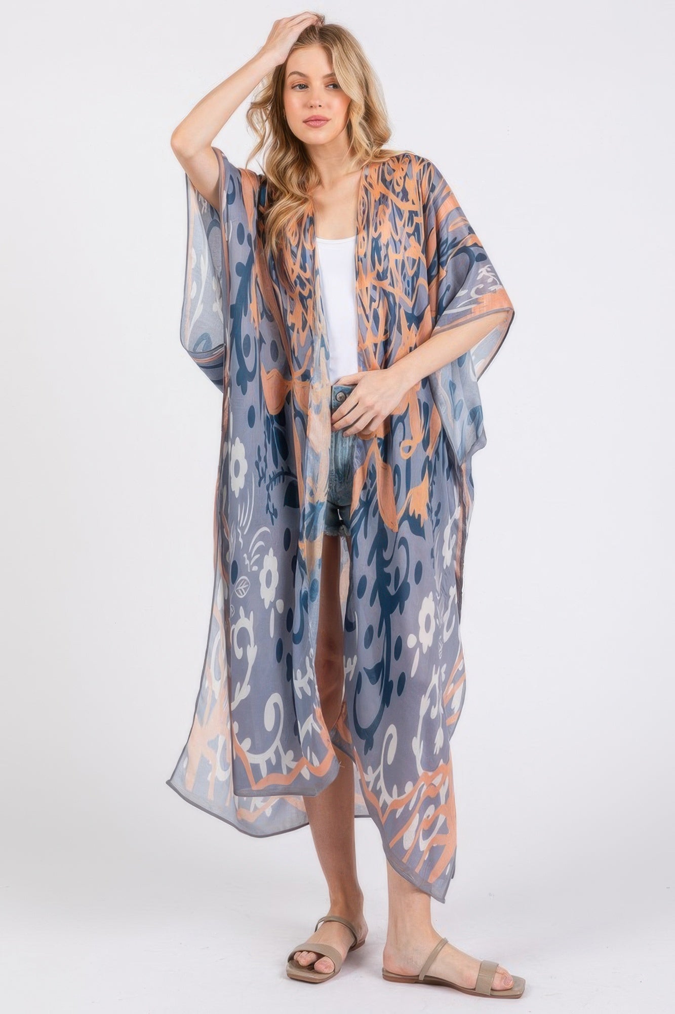 Boho Print Open Front Long Kimono product image