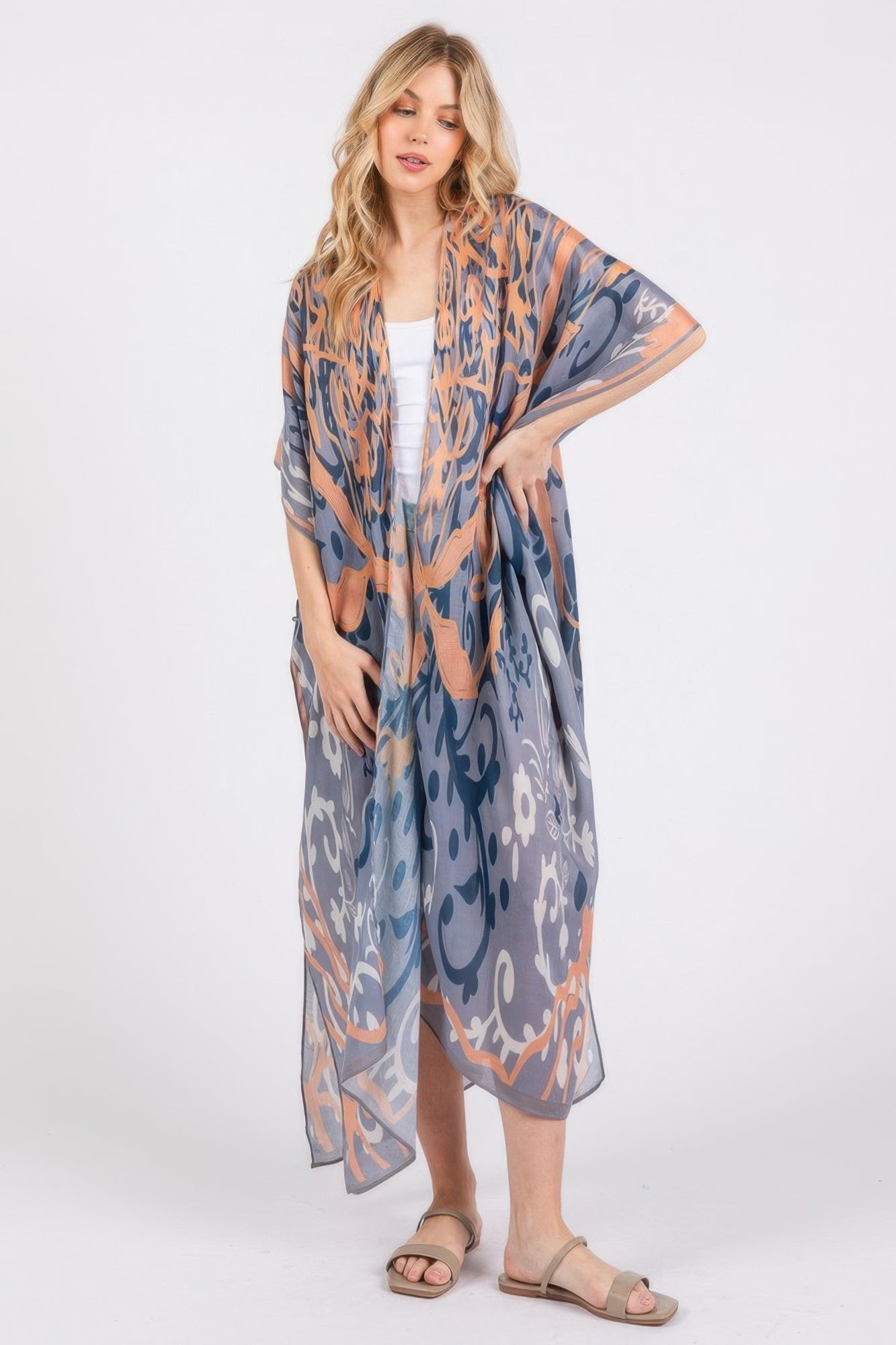 Boho Print Open Front Long Kimono product image