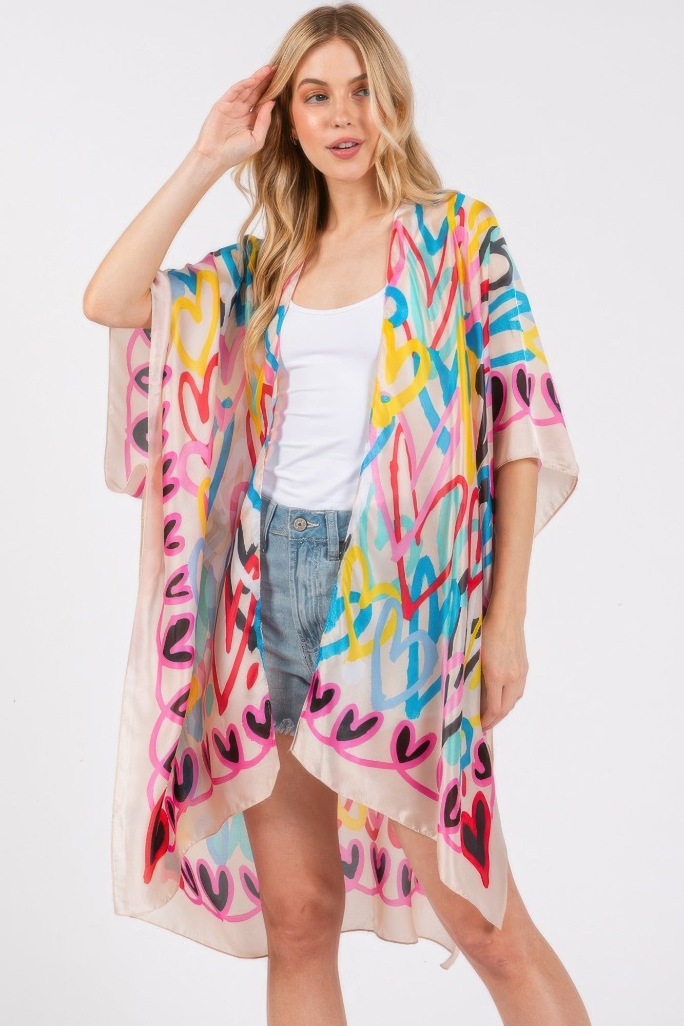 Multi Colored Heart Print Silky Feel Kimono product image