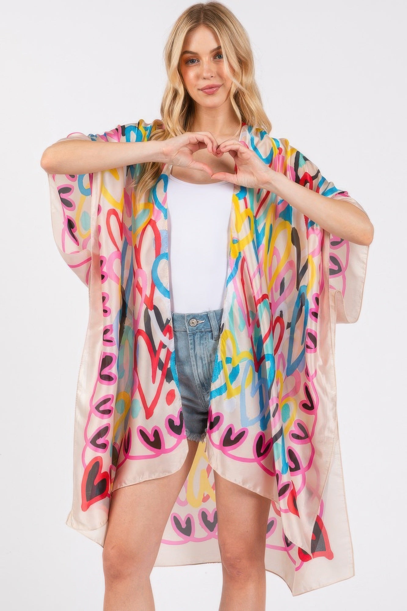 Multi Colored Heart Print Silky Feel Kimono product image