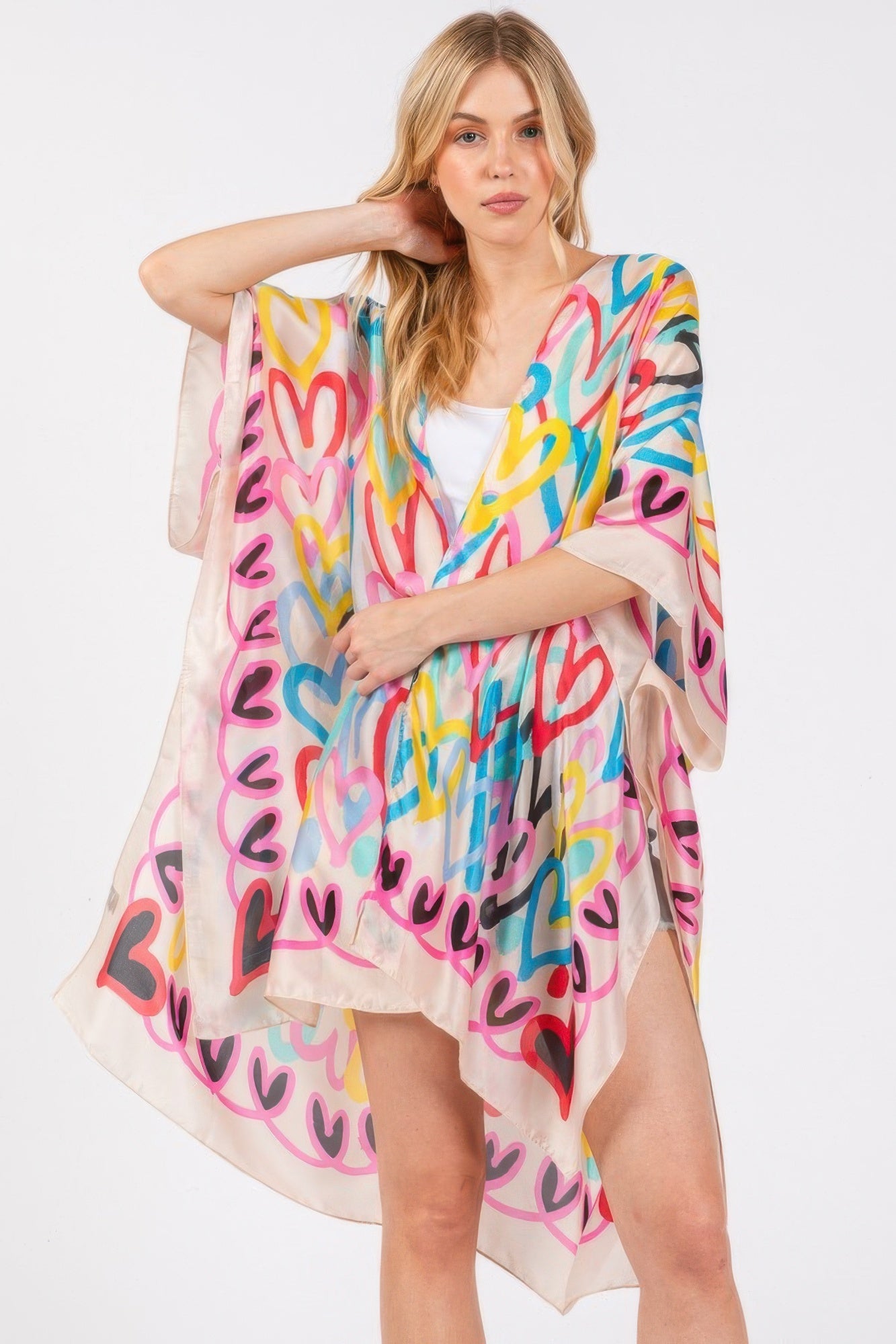Multi Colored Heart Print Silky Feel Kimono product image