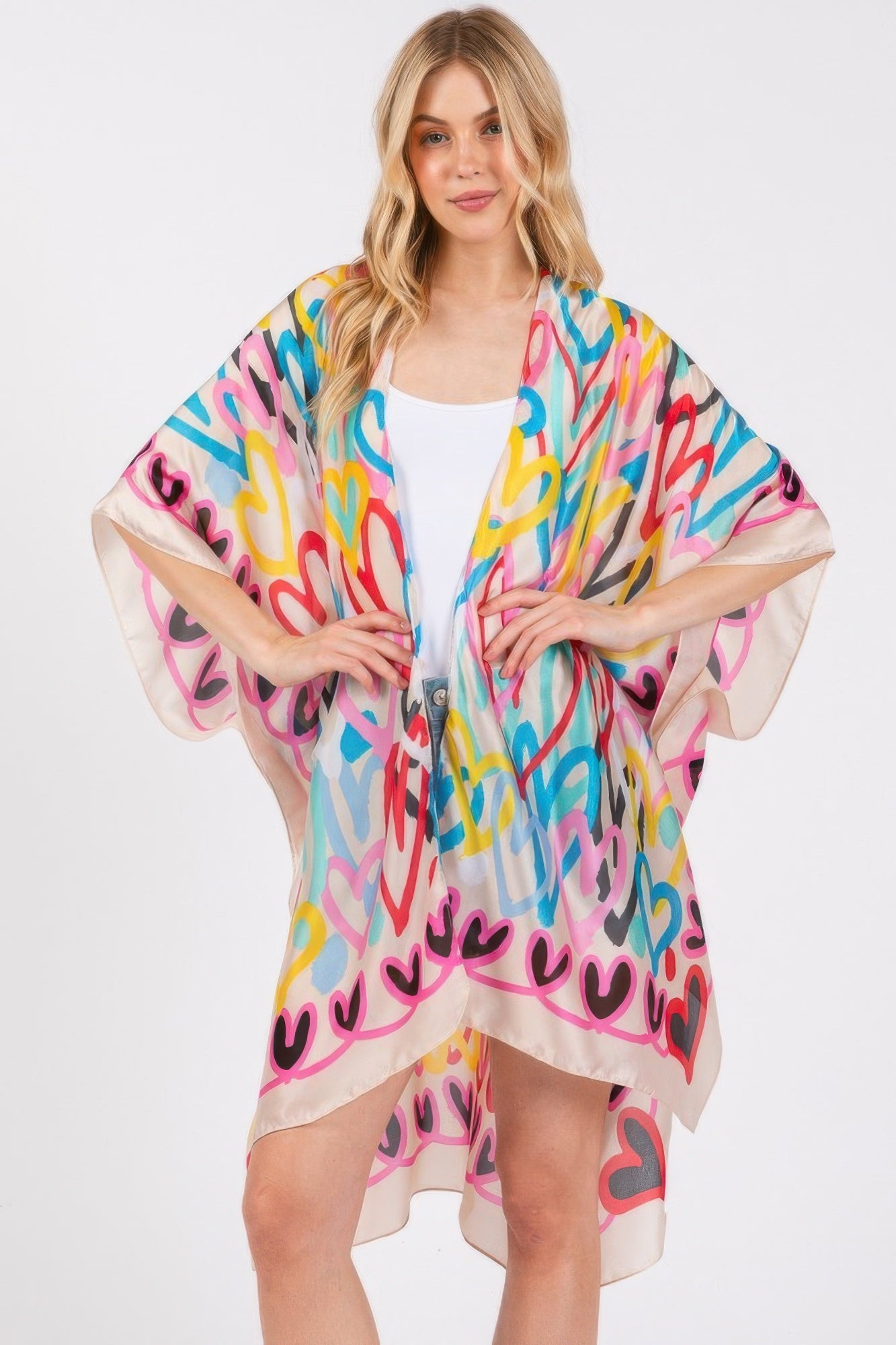Multi Colored Heart Print Silky Feel Kimono product image
