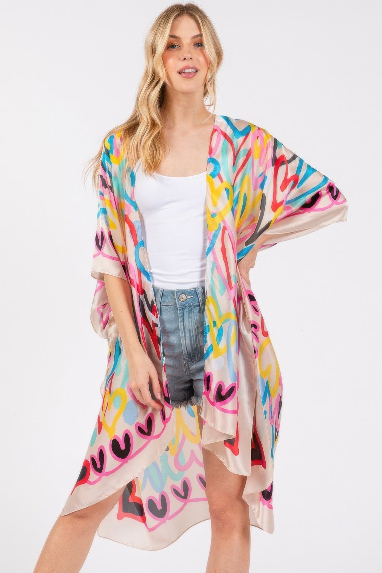Multi Colored Heart Print Silky Feel Kimono product image