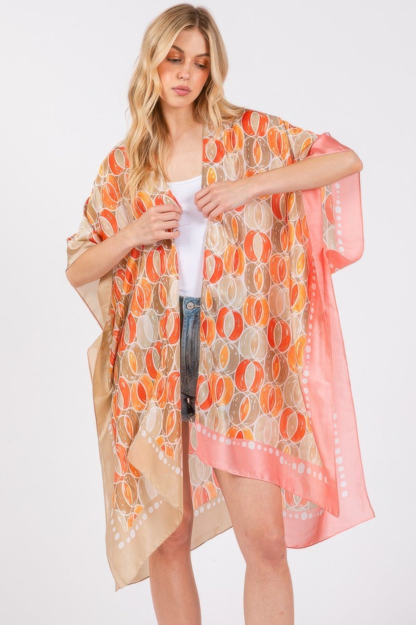 Two Tones Trim Abstract Print Silky Feel Kimono product image