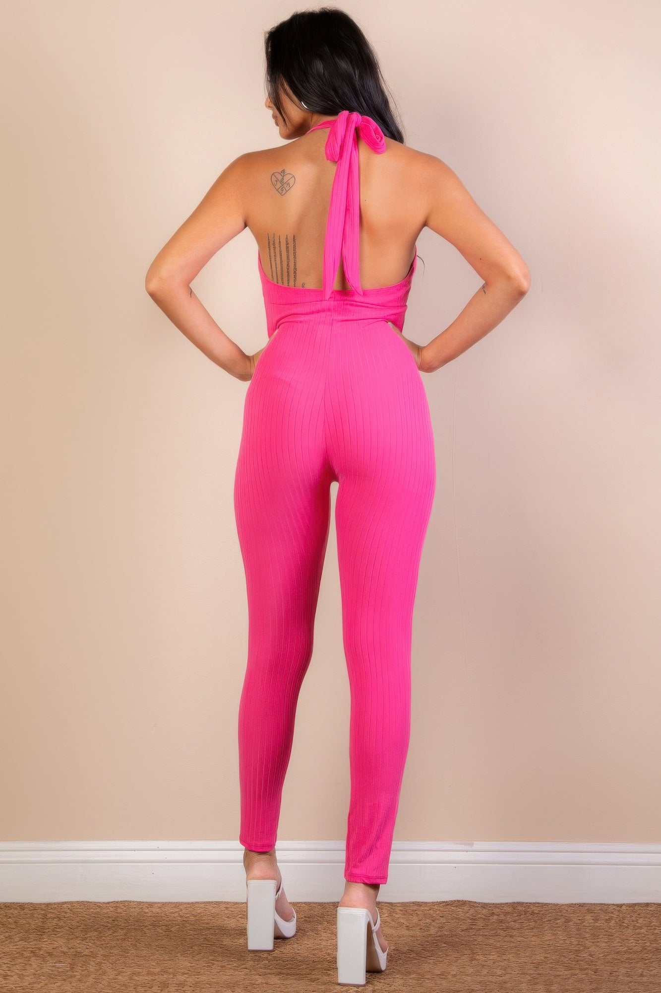 Halter V Neck Ribbed Bodycon Jumpsuit product image