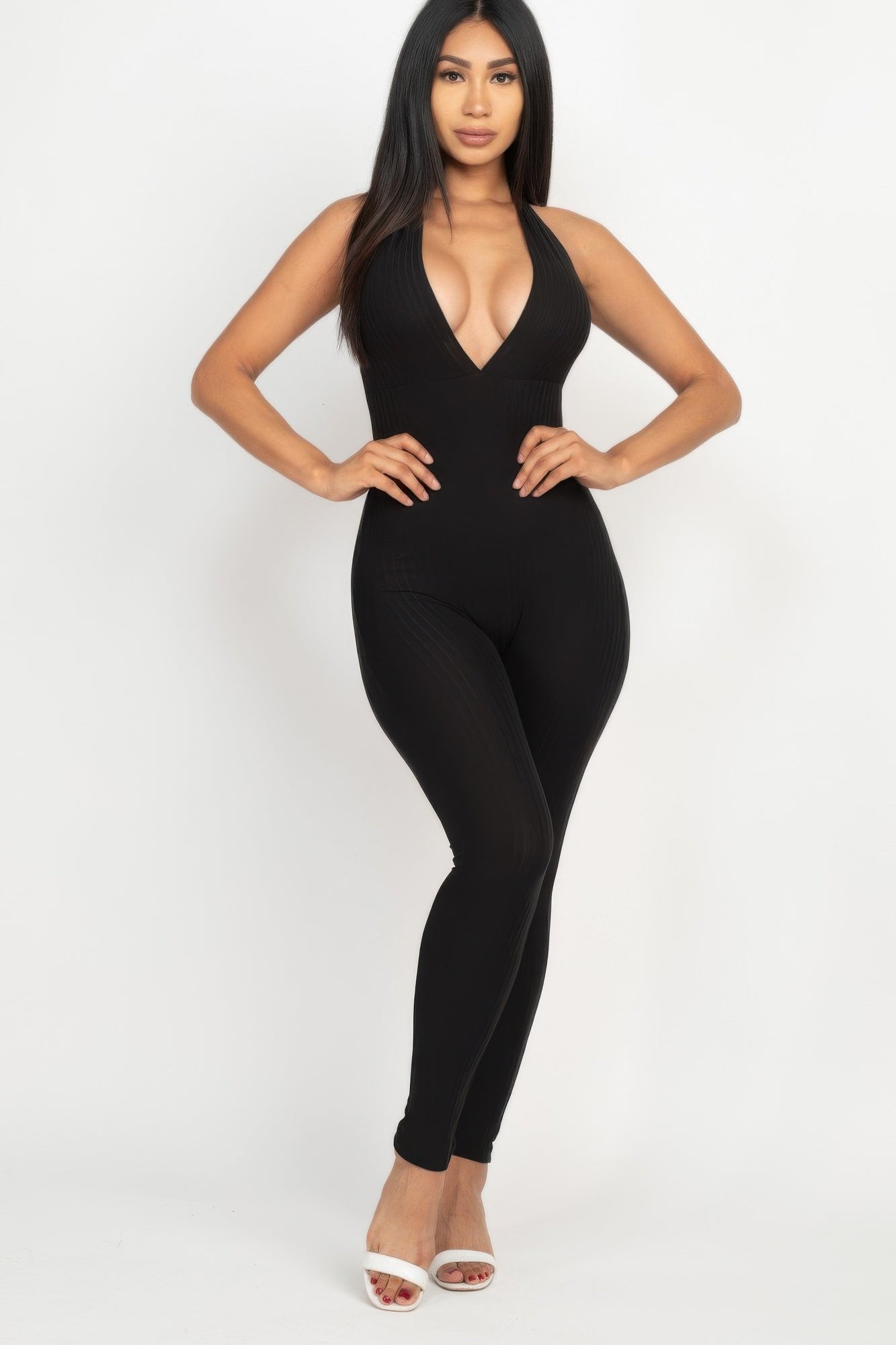Halter V Neck Ribbed Bodycon Jumpsuit product image