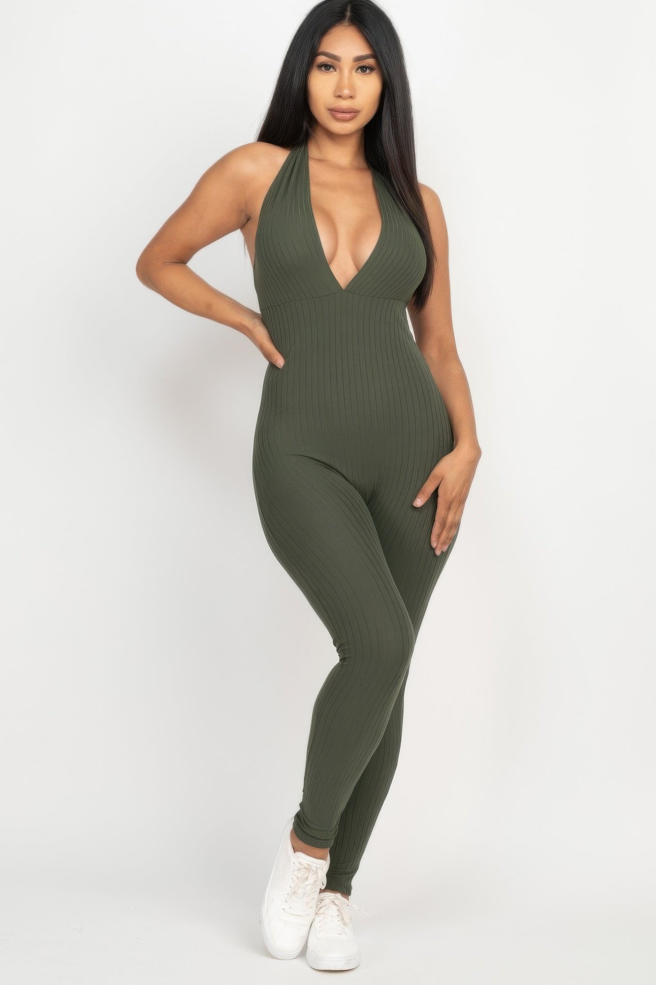 Halter V Neck Ribbed Bodycon Jumpsuit product image