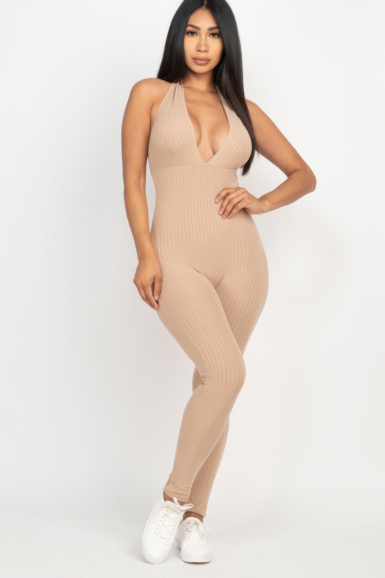 Halter V Neck Ribbed Bodycon Jumpsuit product image