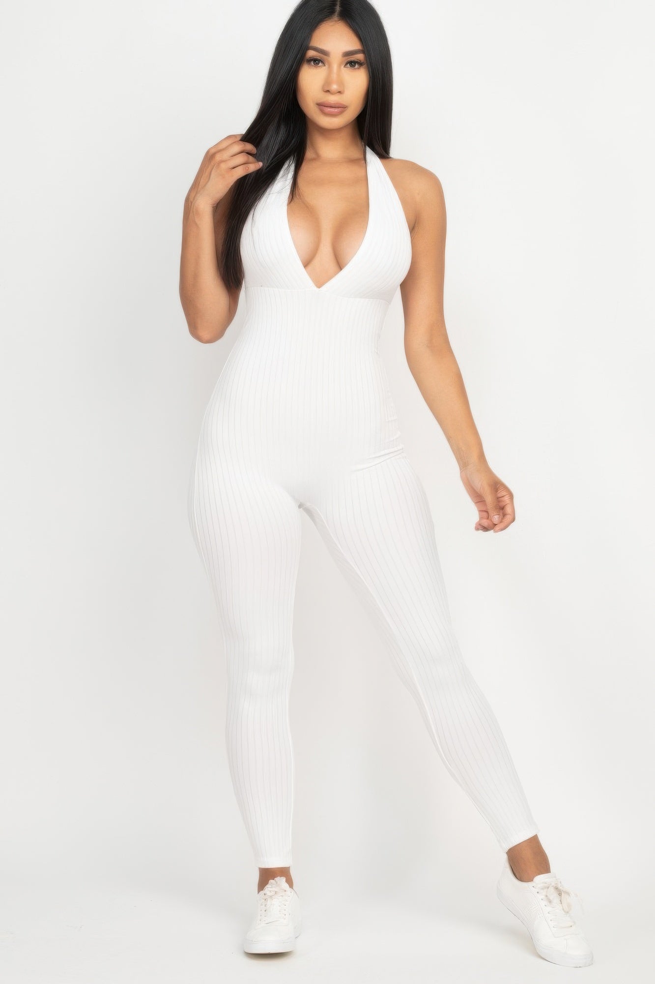 Halter V Neck Ribbed Bodycon Jumpsuit product image