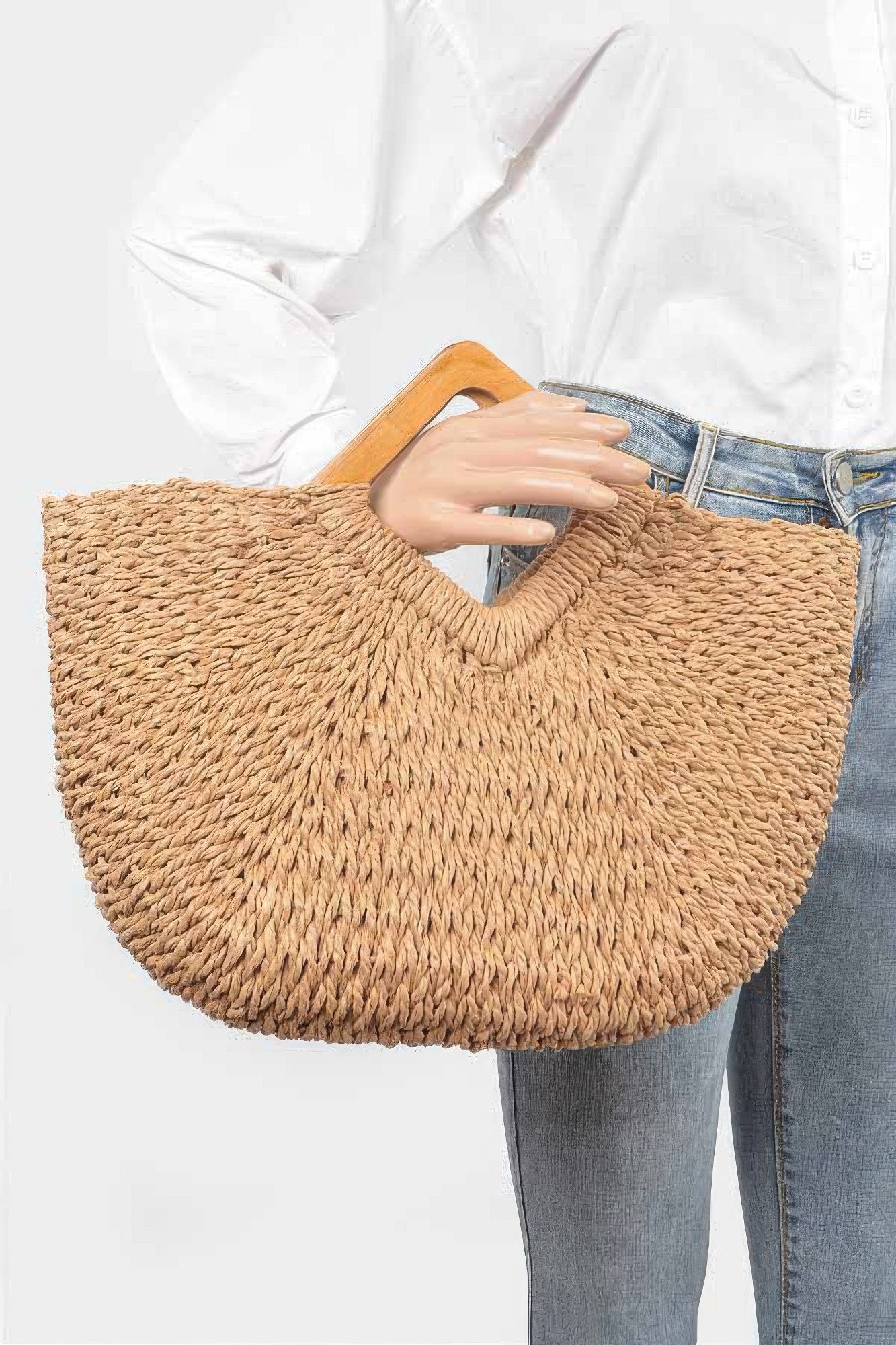 Faux Straw Wood Handle Tote Bag product image
