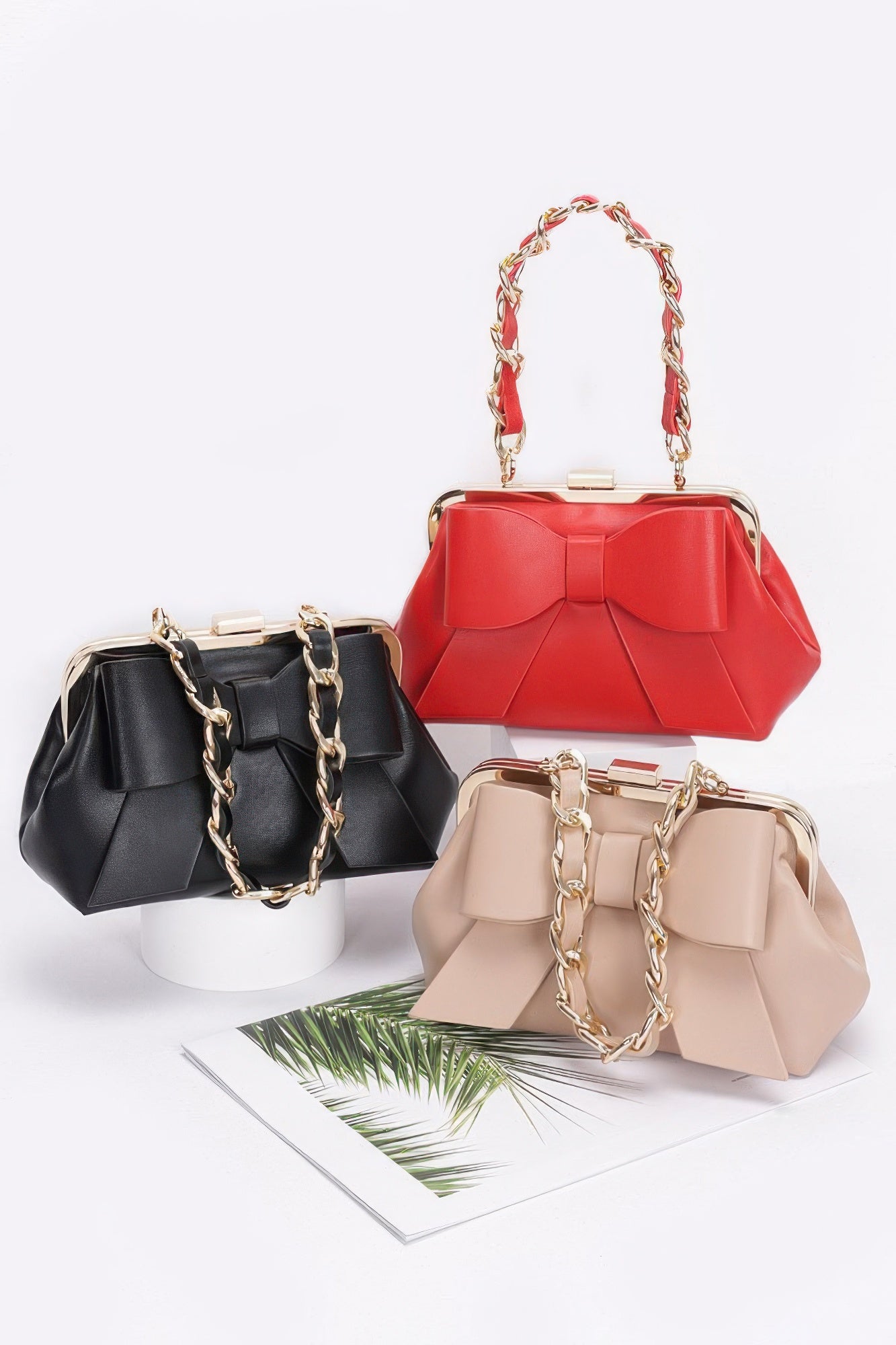 Faux Leather Ribbon Chain Handle Party Clutch product image