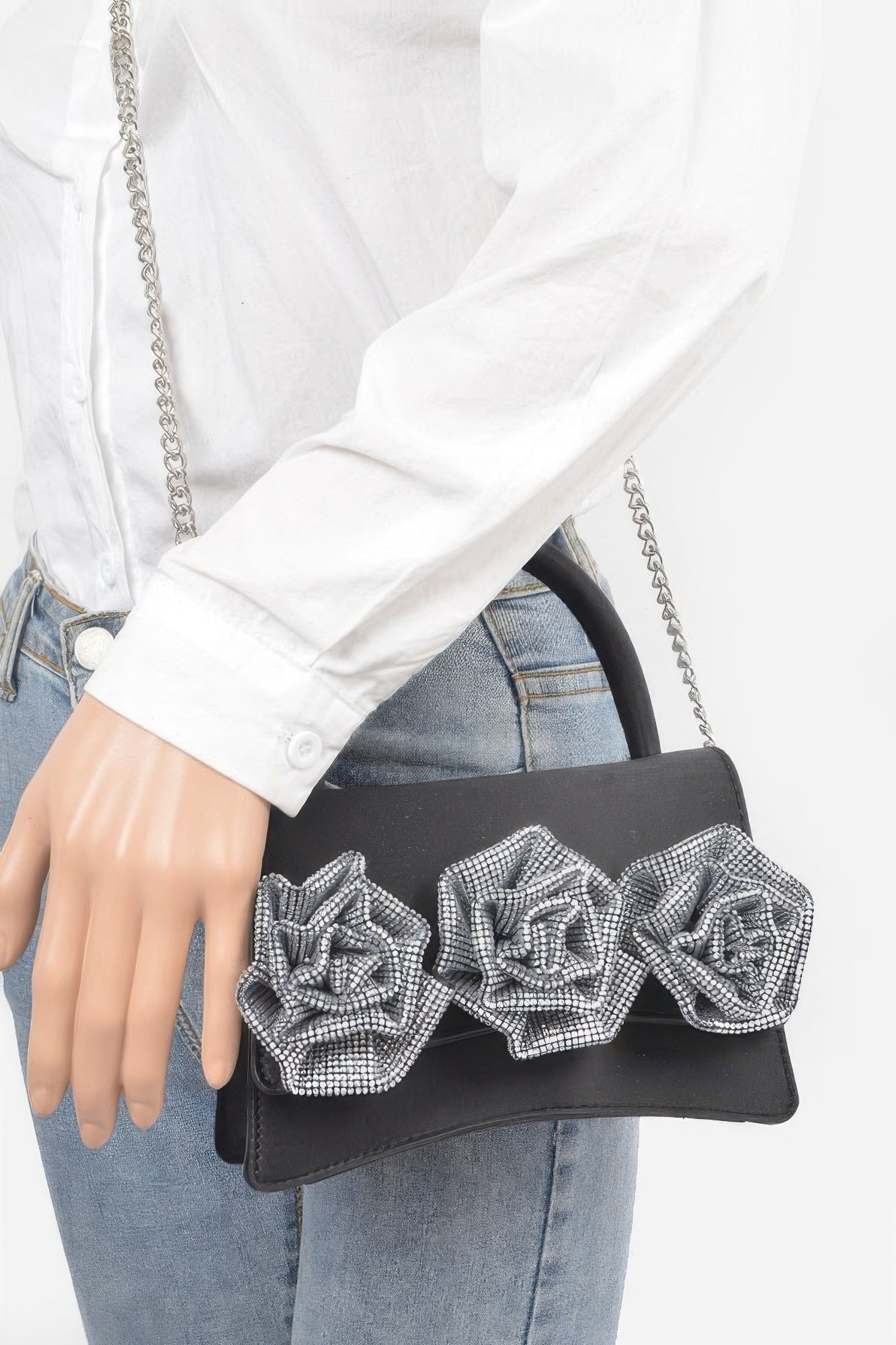 Faux Leather Rhinestone Hot Fix Flower Bag product image