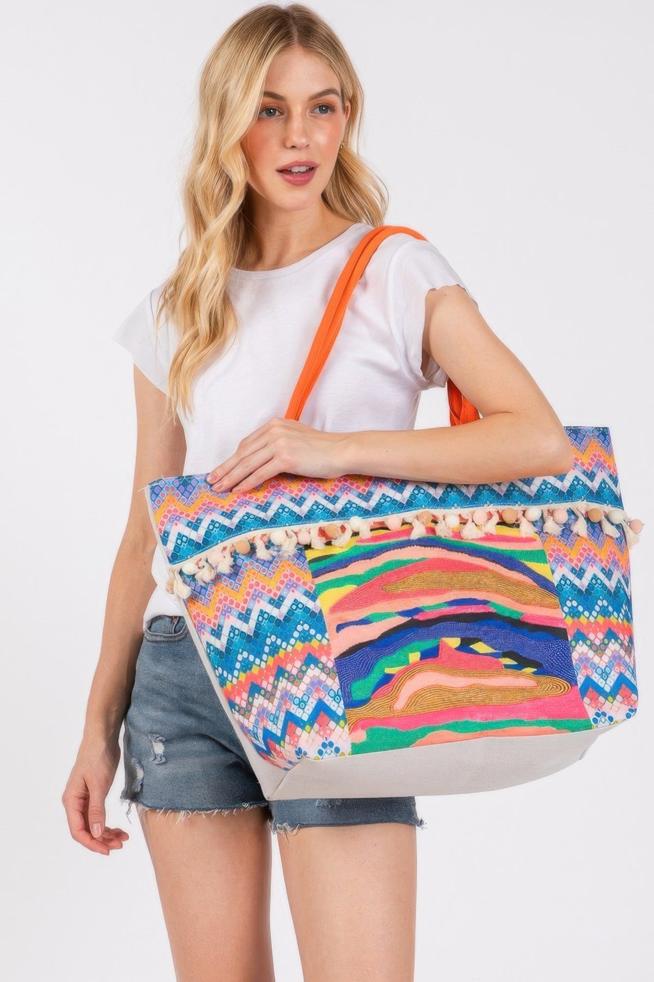 Boho Print Pom Pom Fringe Tote Bag product image