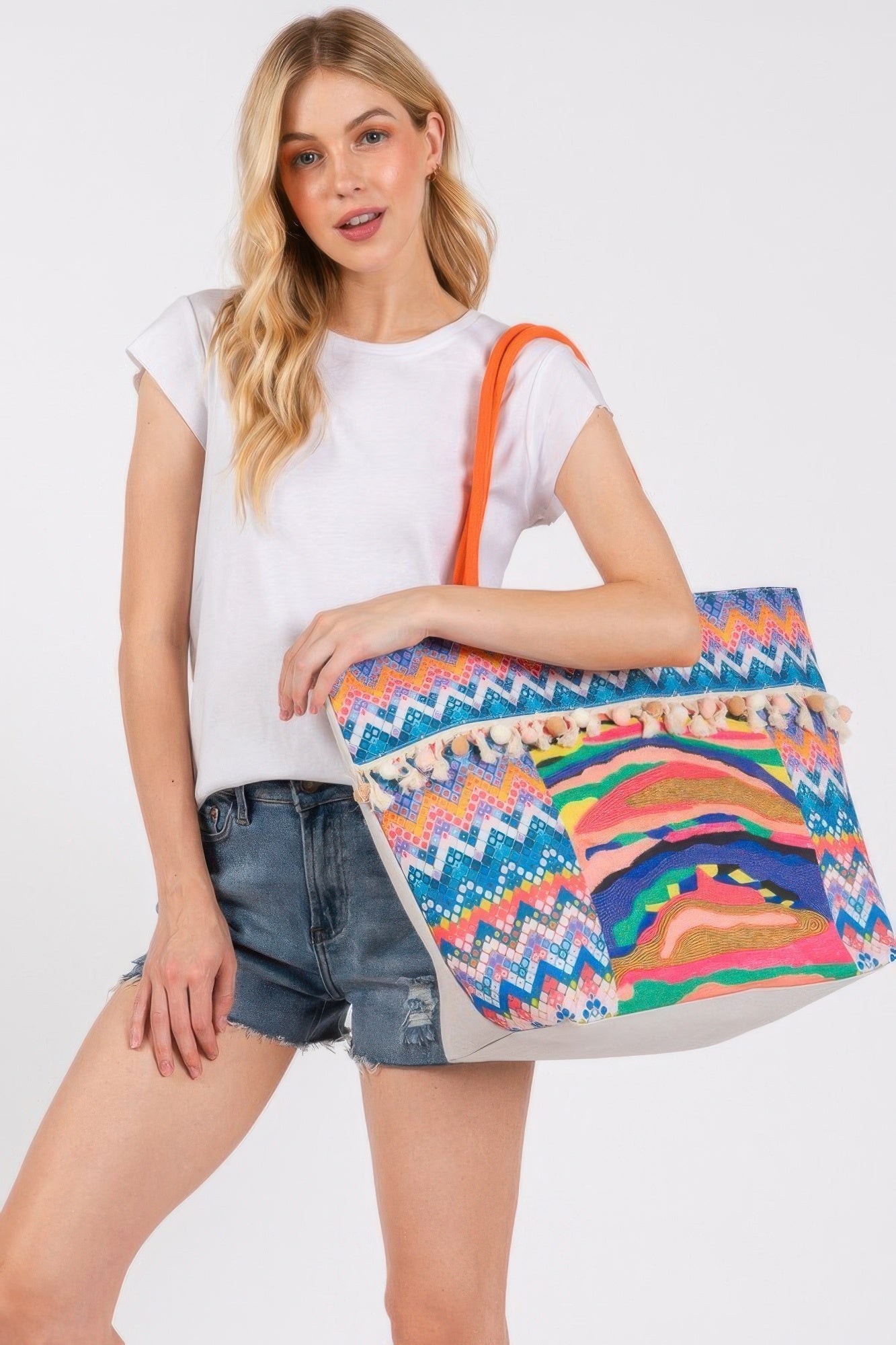 Boho Print Pom Pom Fringe Tote Bag product image