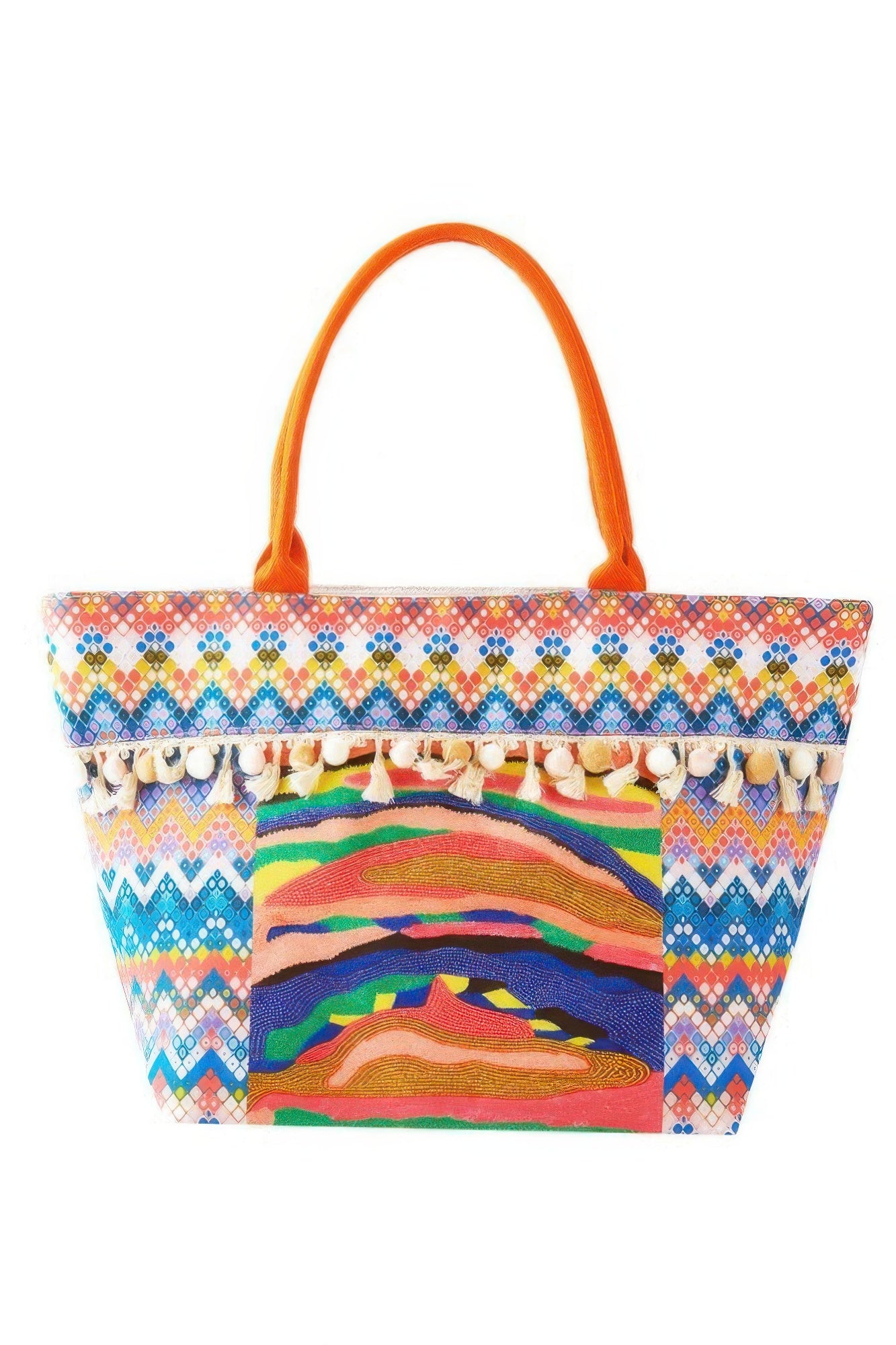 Boho Print Pom Pom Fringe Tote Bag product image