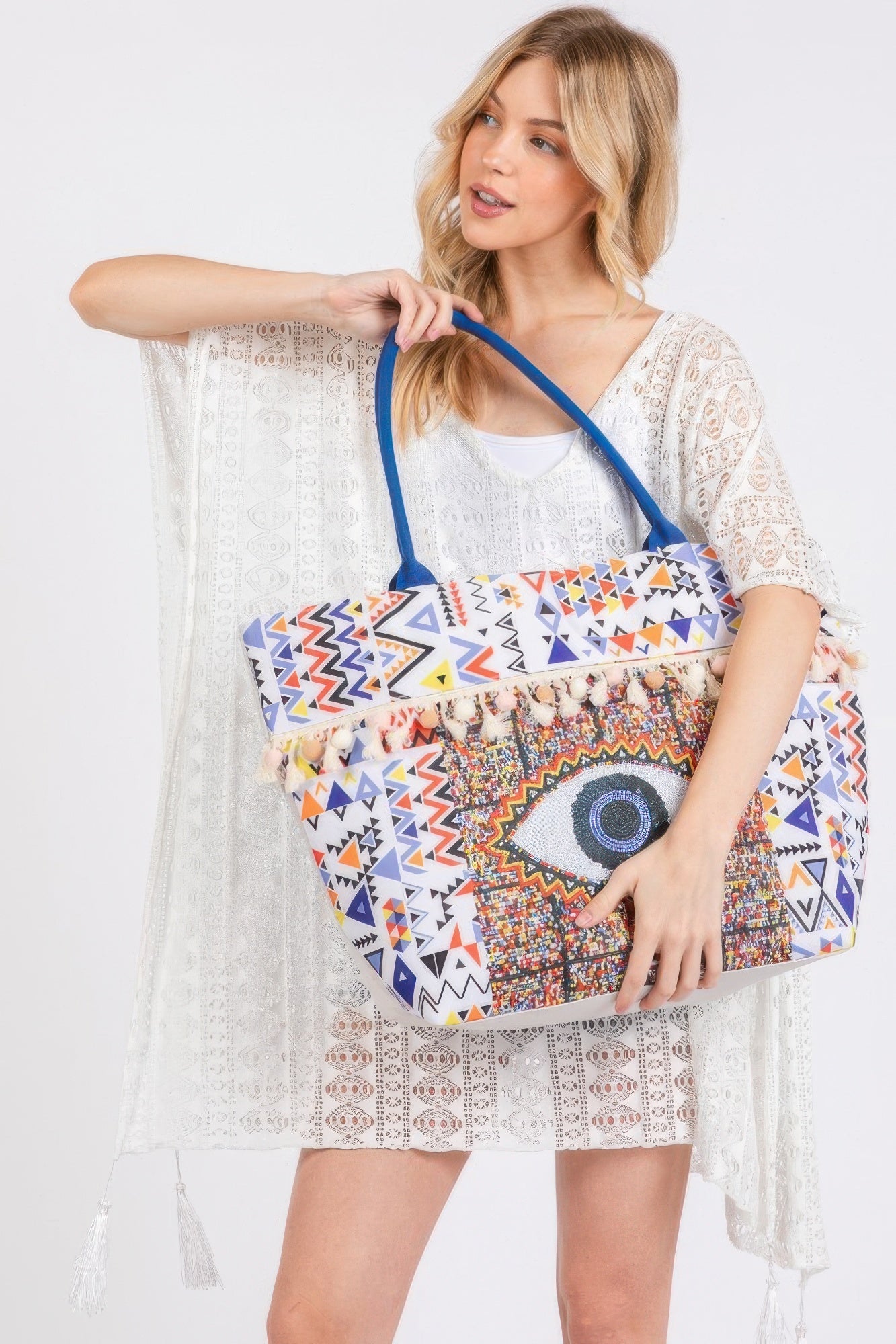 Evil Eye Boho Print Pom Pom Fringe Tote Bag product image