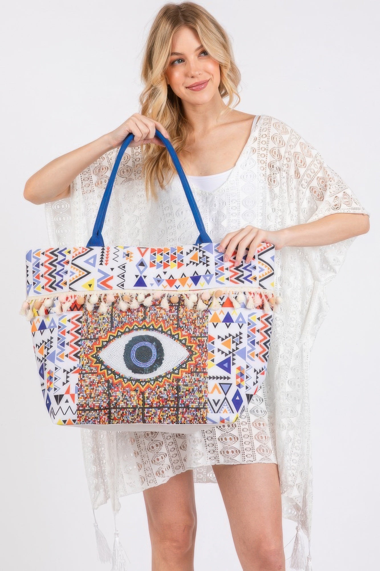Evil Eye Boho Print Pom Pom Fringe Tote Bag product image