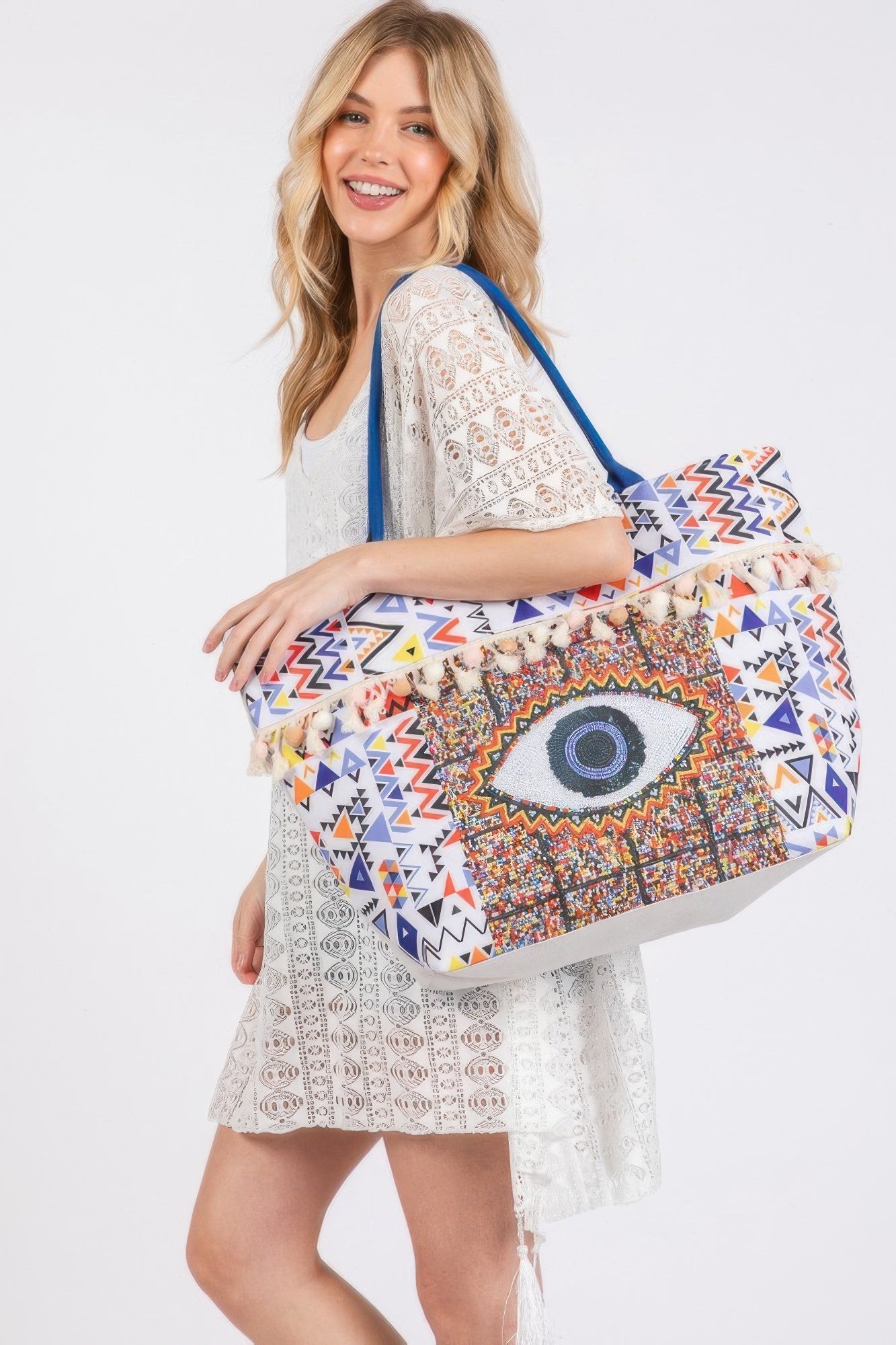 Evil Eye Boho Print Pom Pom Fringe Tote Bag product image