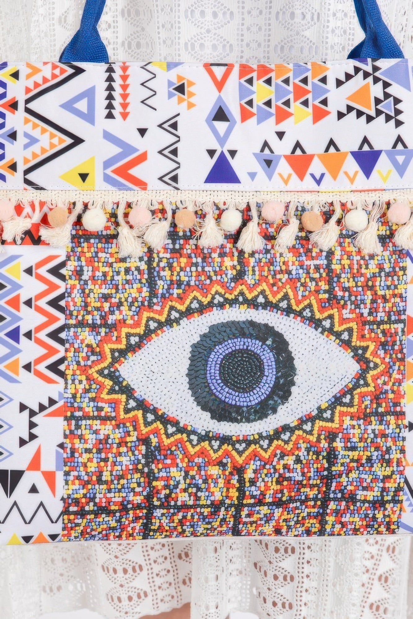 Evil Eye Boho Print Pom Pom Fringe Tote Bag product image