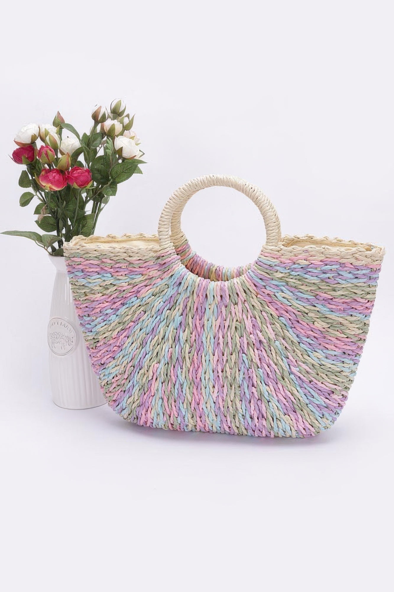 Faux Straw Multi Color Round Handle Tote Bag product image
