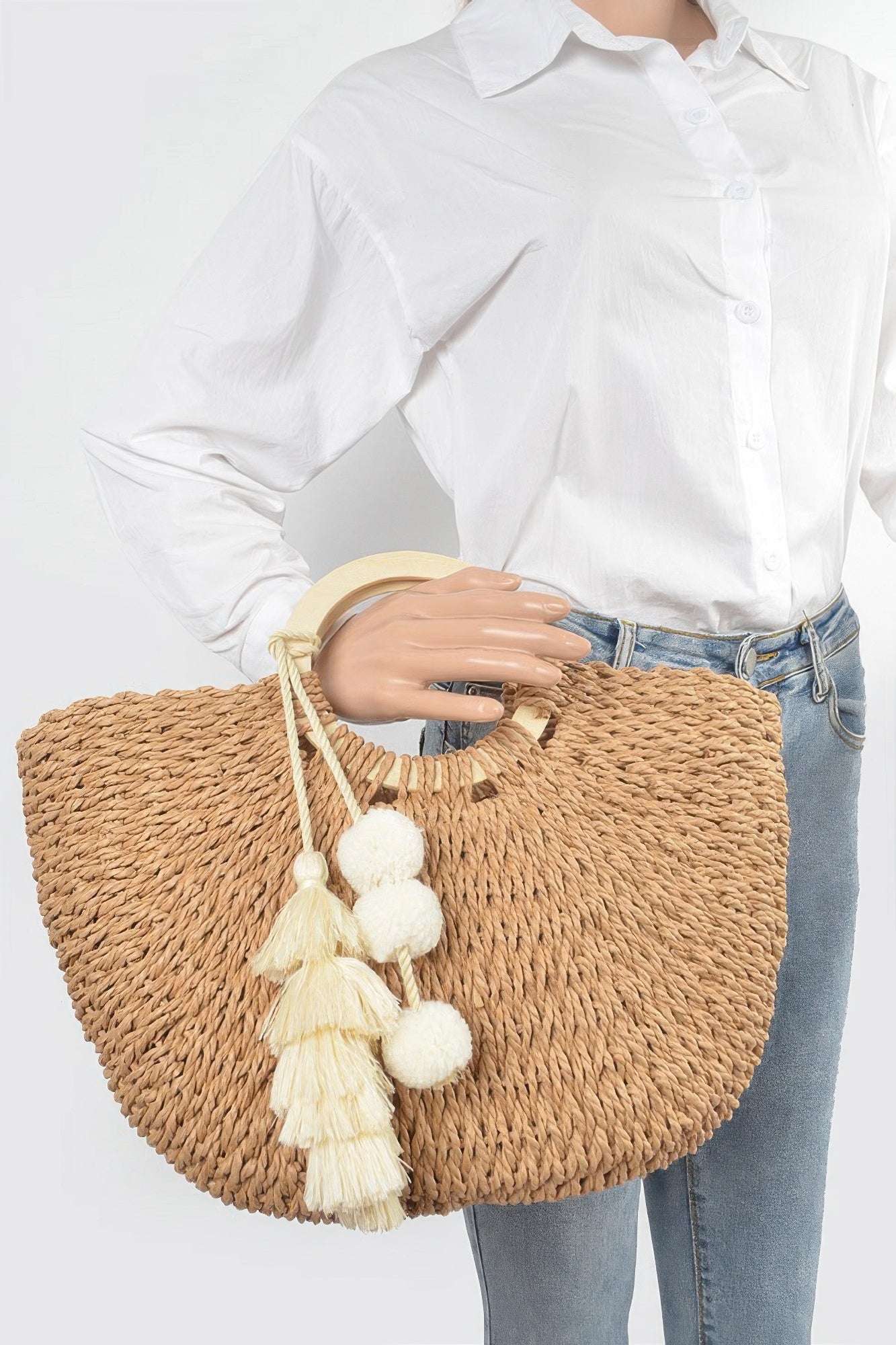 Woven Cotton Wood Handle Tote Bag product image