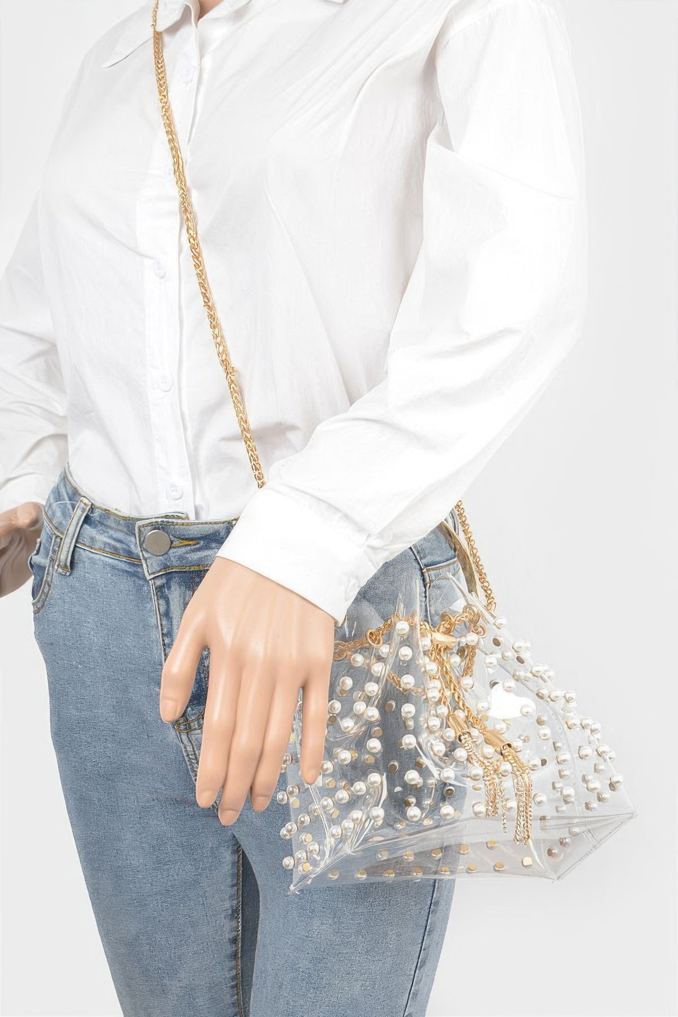 Clear Pearl Stud Bucket Bag W/chain Tassle product image