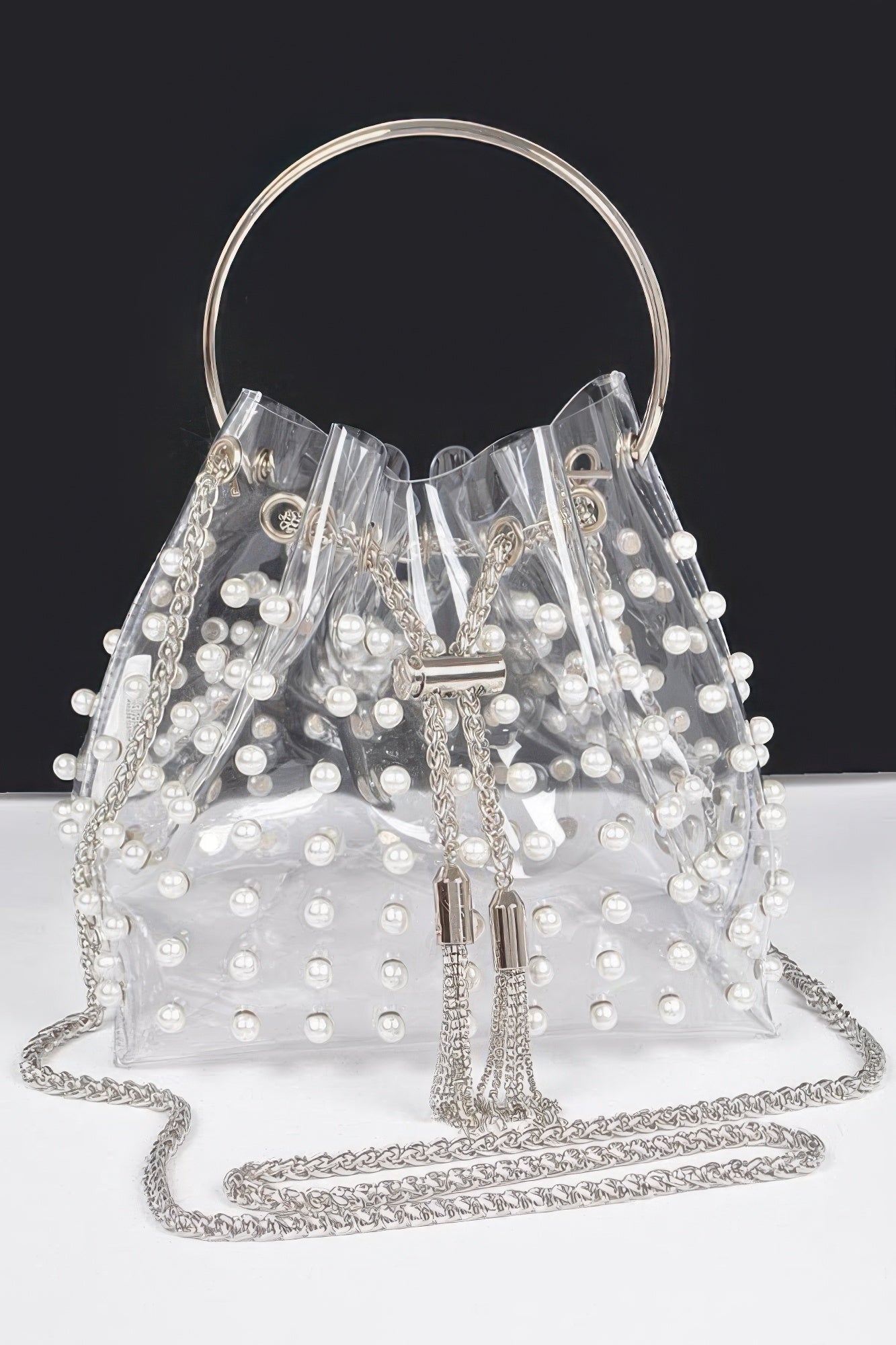 Clear Pearl Stud Bucket Bag W/chain Tassle product image