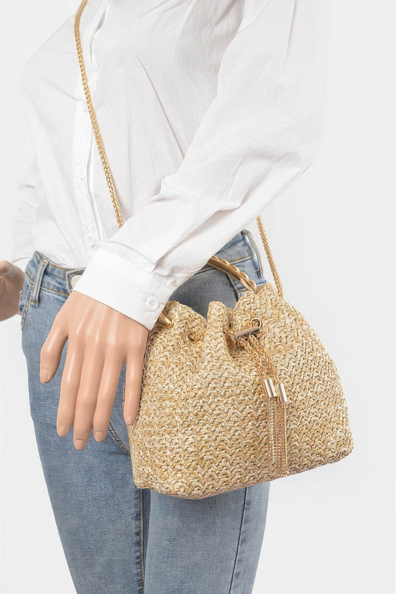 Faux Straw Bucket Bag W/stone Handle product image