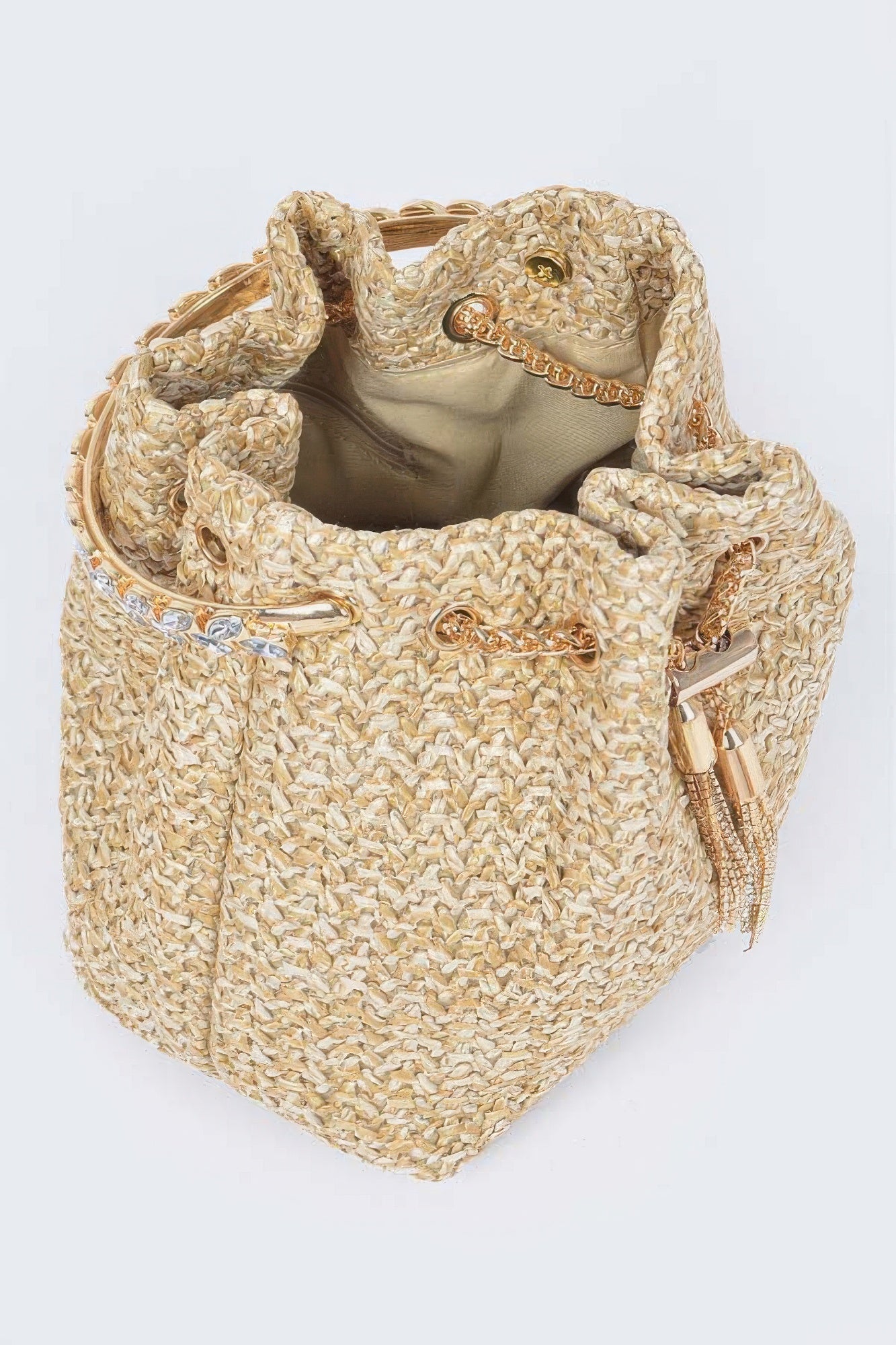 Faux Straw Bucket Bag W/stone Handle product image