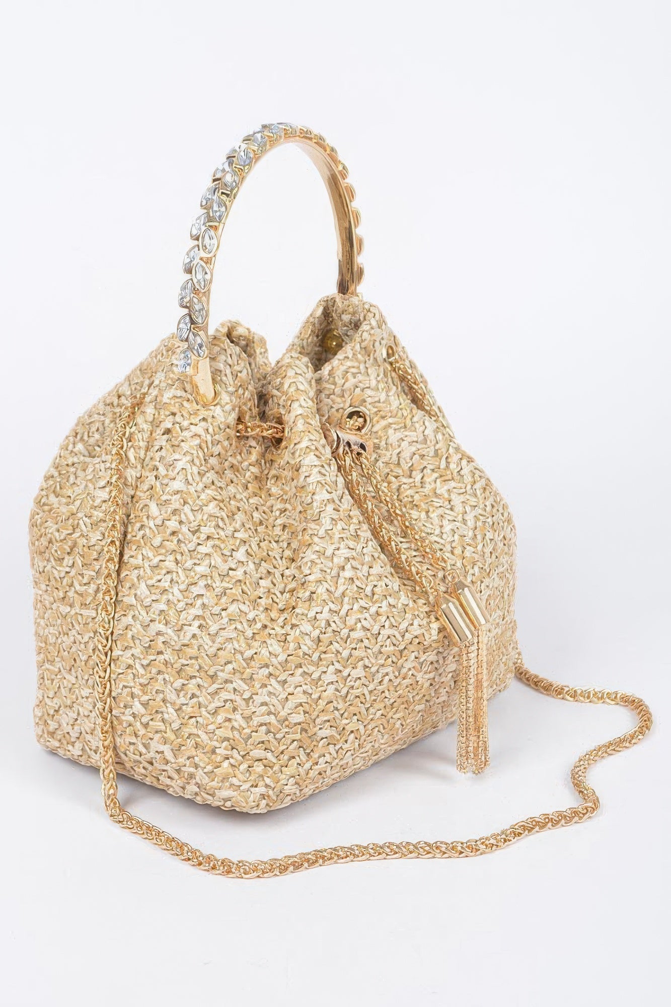 Faux Straw Bucket Bag W/stone Handle product image