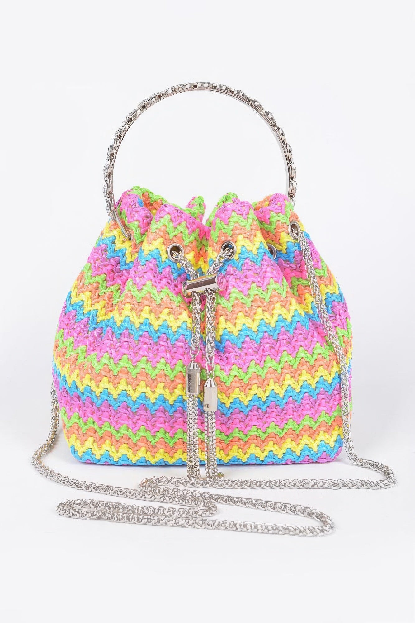 Faux Straw Bucket Bag W/stone Handle product image