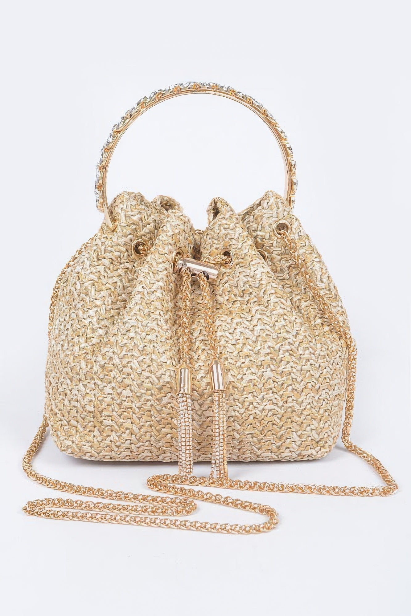 Faux Straw Bucket Bag W/stone Handle product image