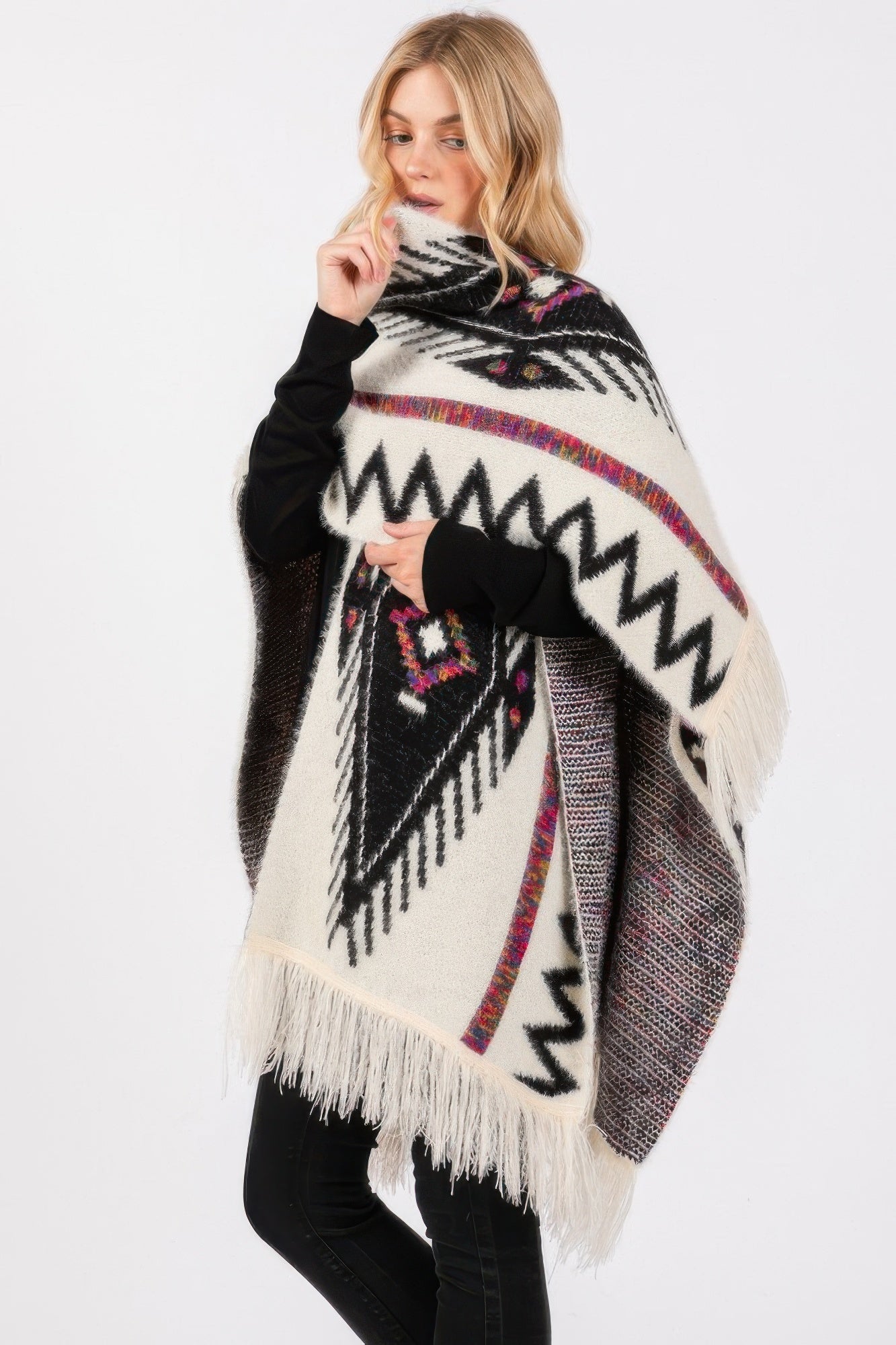 Fuzzy Aztec Pattern Tassel Knit Ruana product image