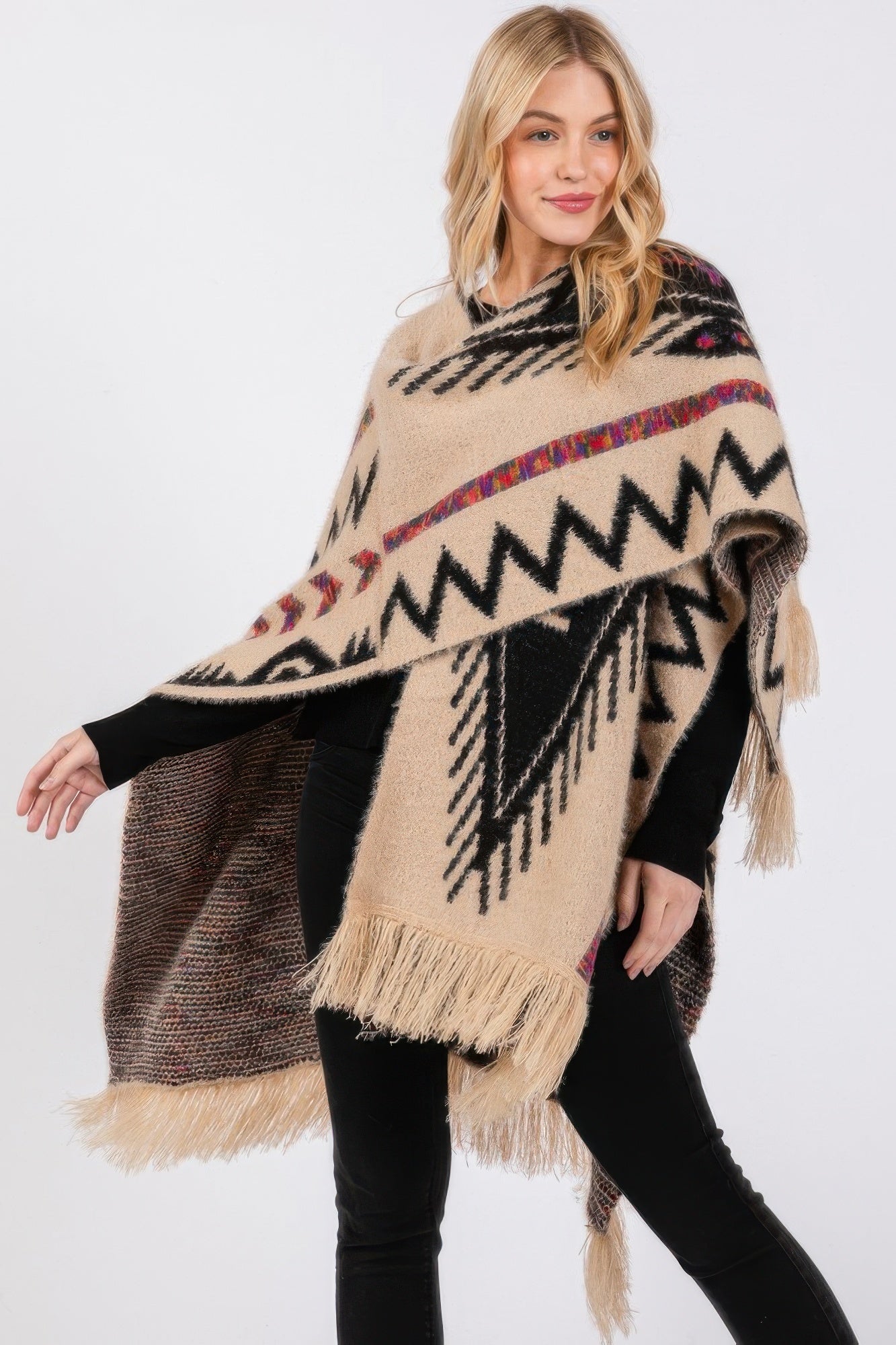 Fuzzy Aztec Pattern Tassel Knit Ruana product image