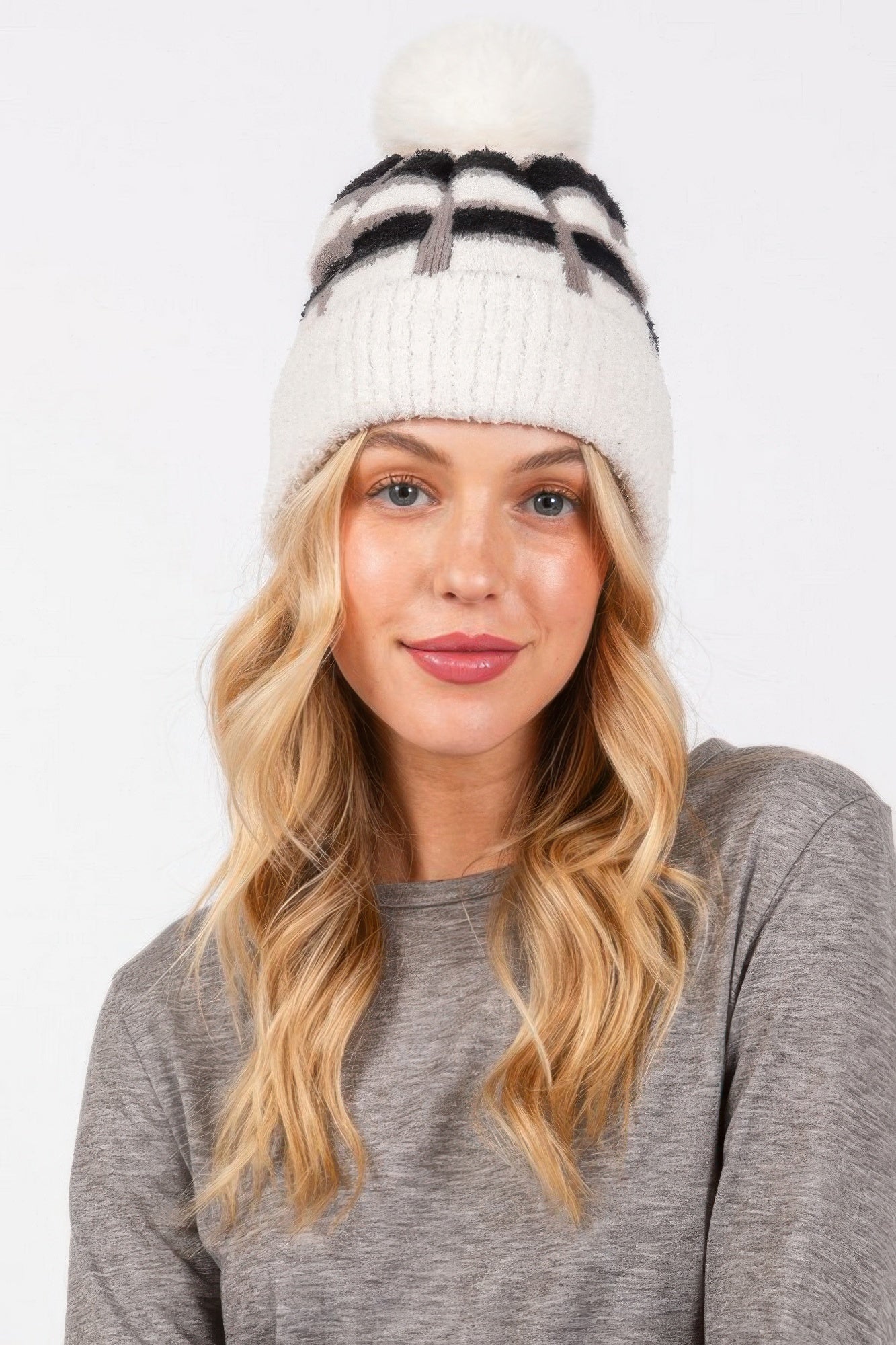 Cozy Color Blocked Pom Pom Beanie product image