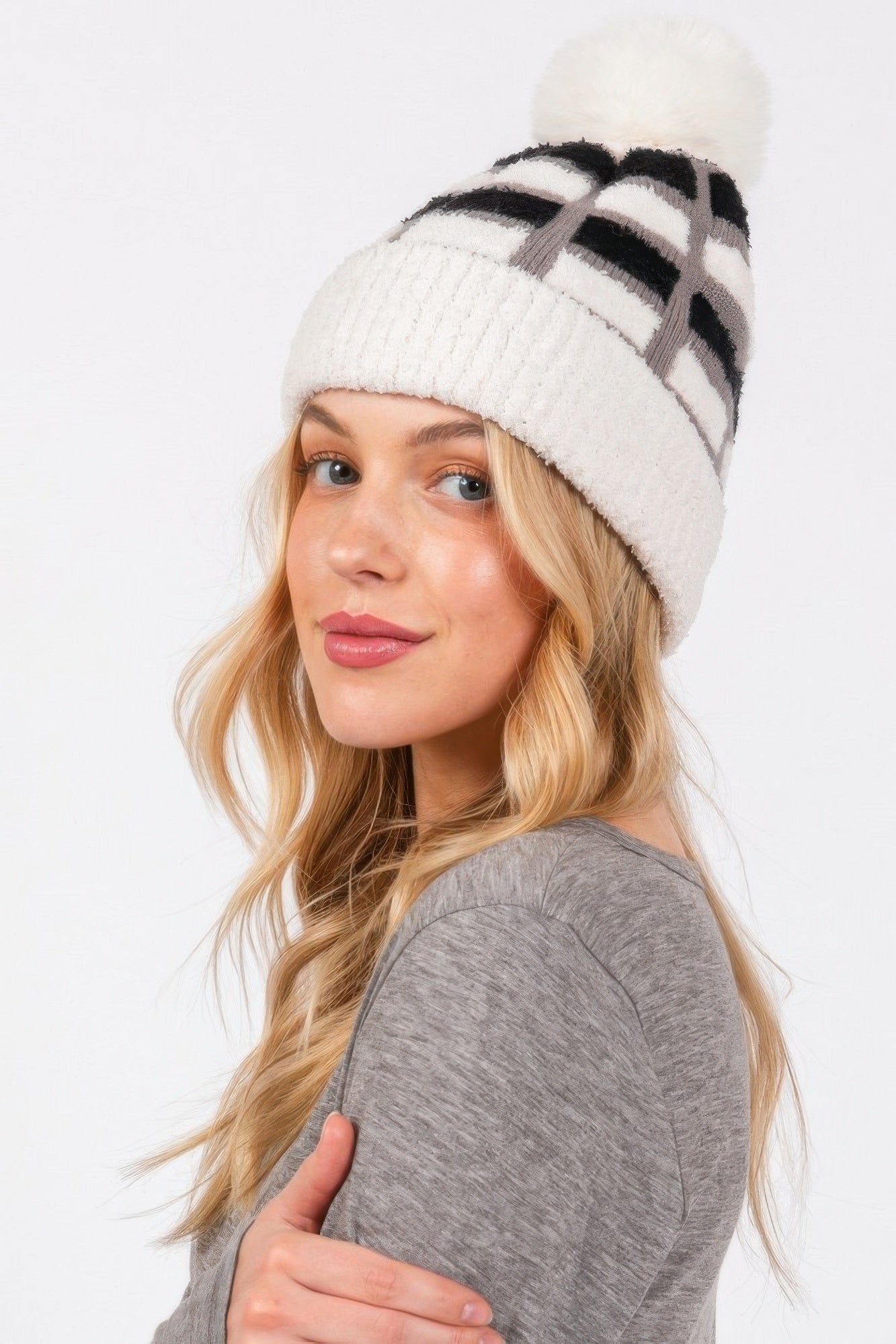 Cozy Color Blocked Pom Pom Beanie product image