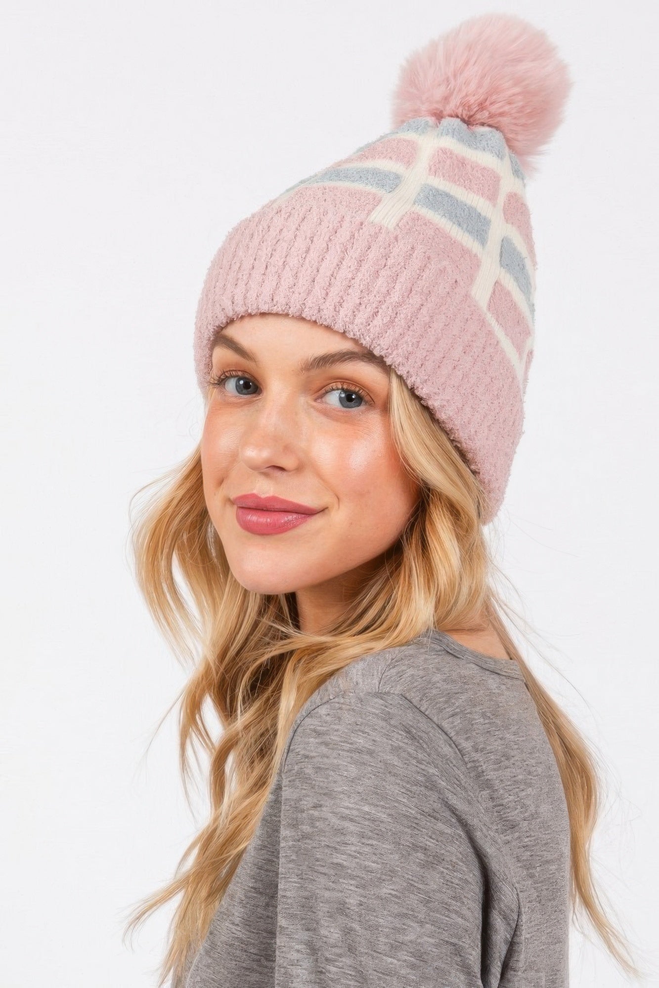 Cozy Color Blocked Pom Pom Beanie product image