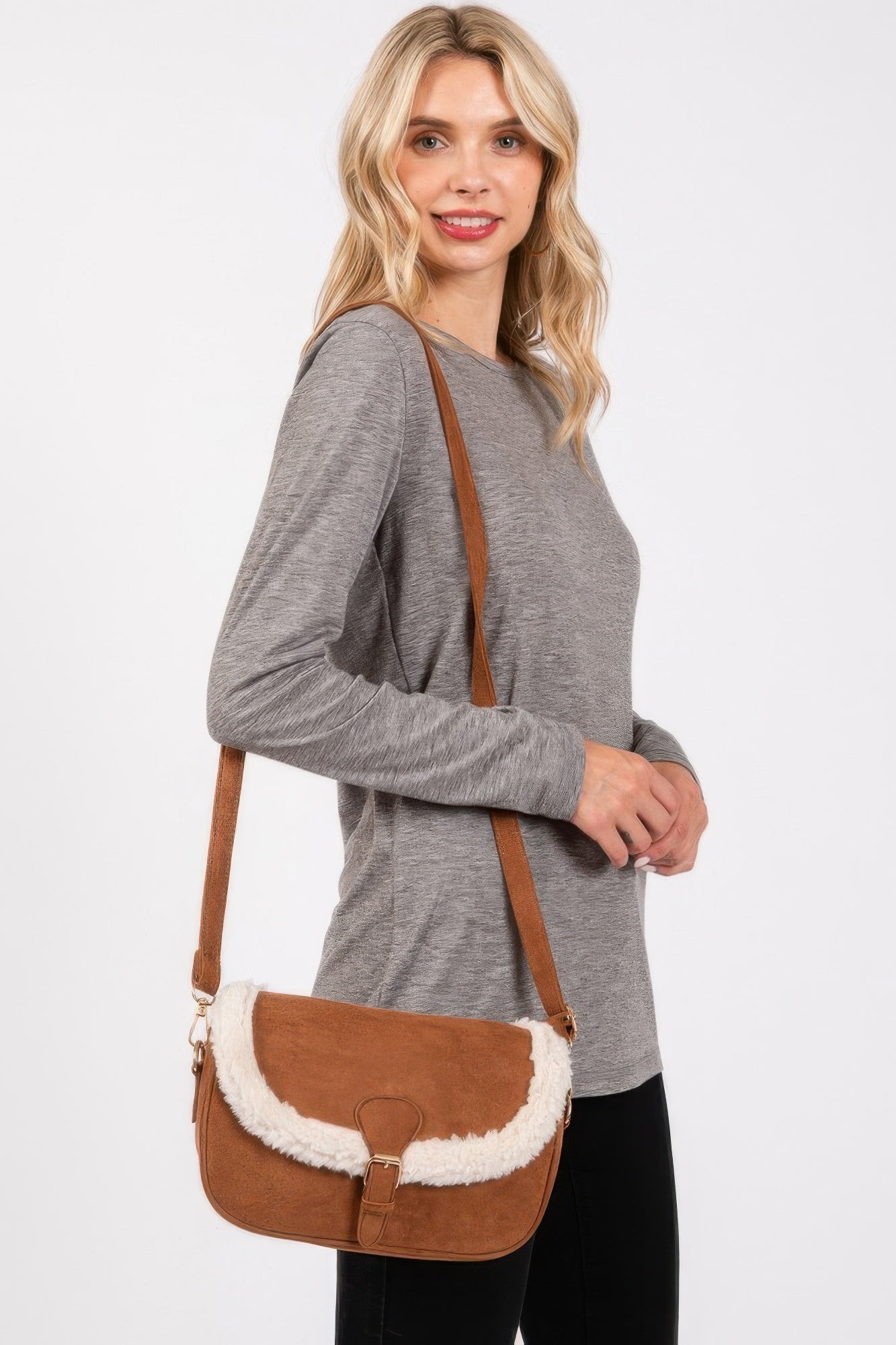 Fleece Trimmed Solid Crossbodybag Adjustable Strap product image