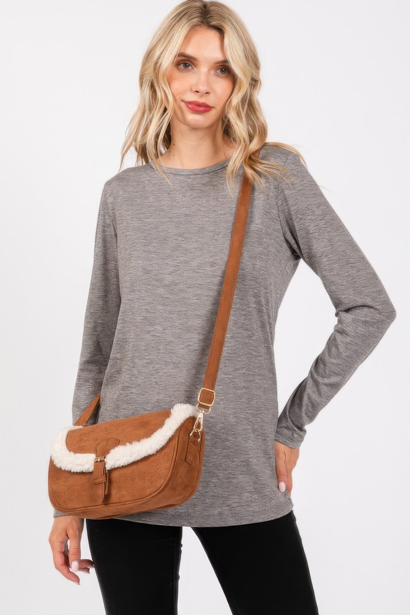 Fleece Trimmed Solid Crossbodybag Adjustable Strap product image