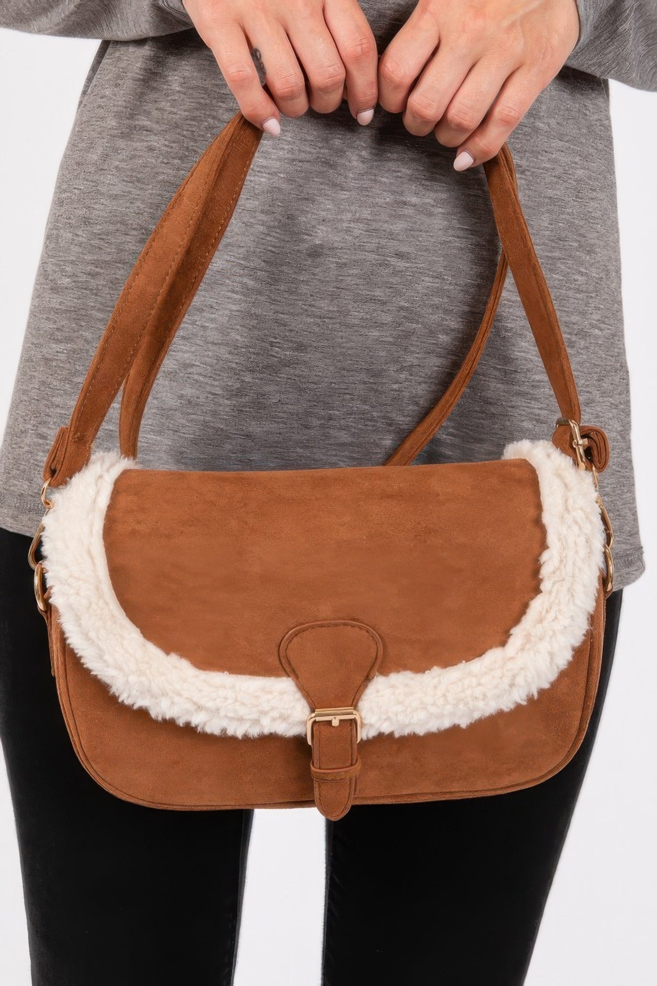 Fleece Trimmed Solid Crossbodybag Adjustable Strap product image