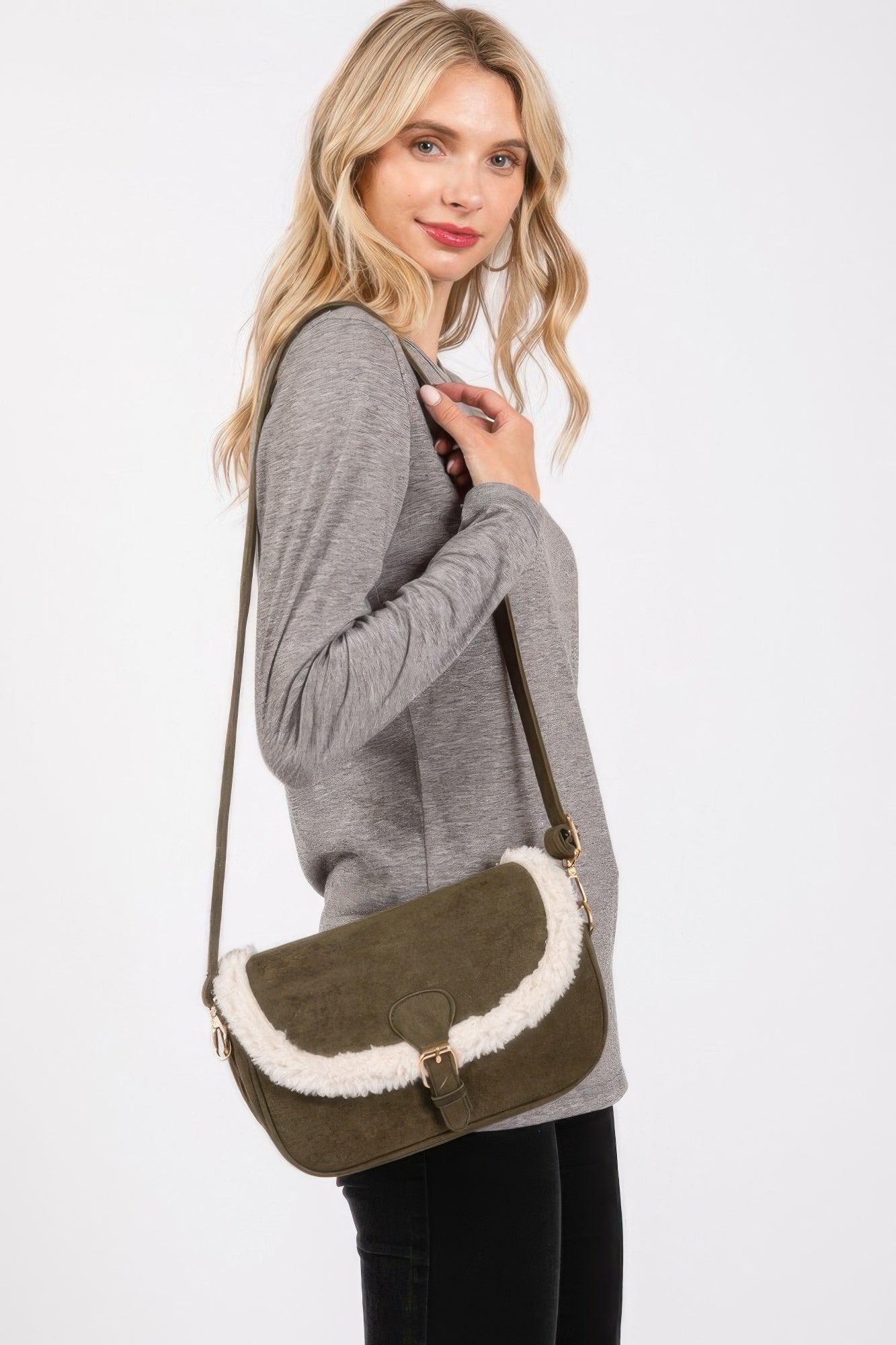 Fleece Trimmed Solid Crossbodybag Adjustable Strap product image