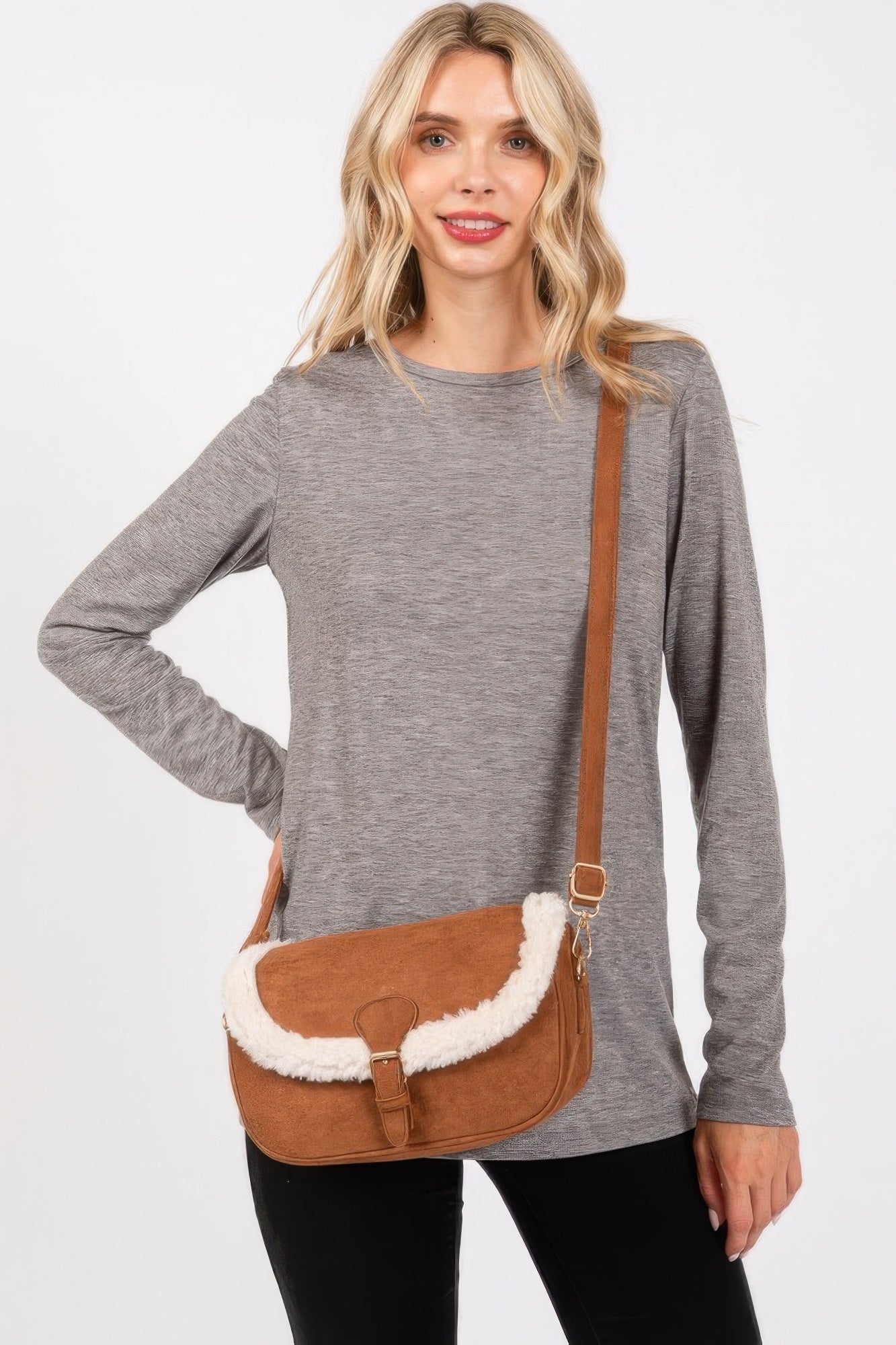 Fleece Trimmed Solid Crossbodybag Adjustable Strap product image