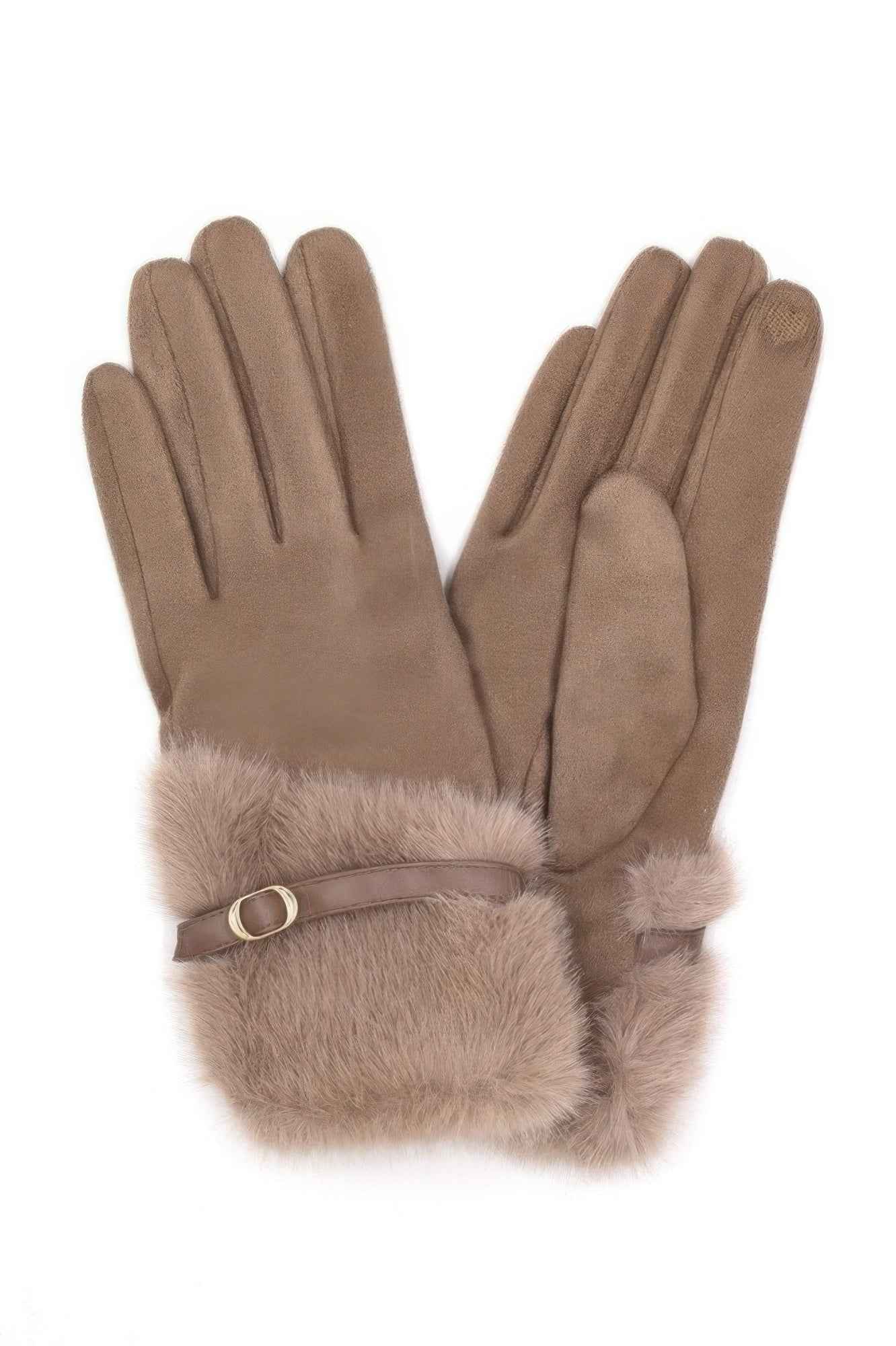 Faux Fur And Strap Cuff Smart Touch Gloves. Faux Fur And Strap Cuff Smart Touch Gloves.