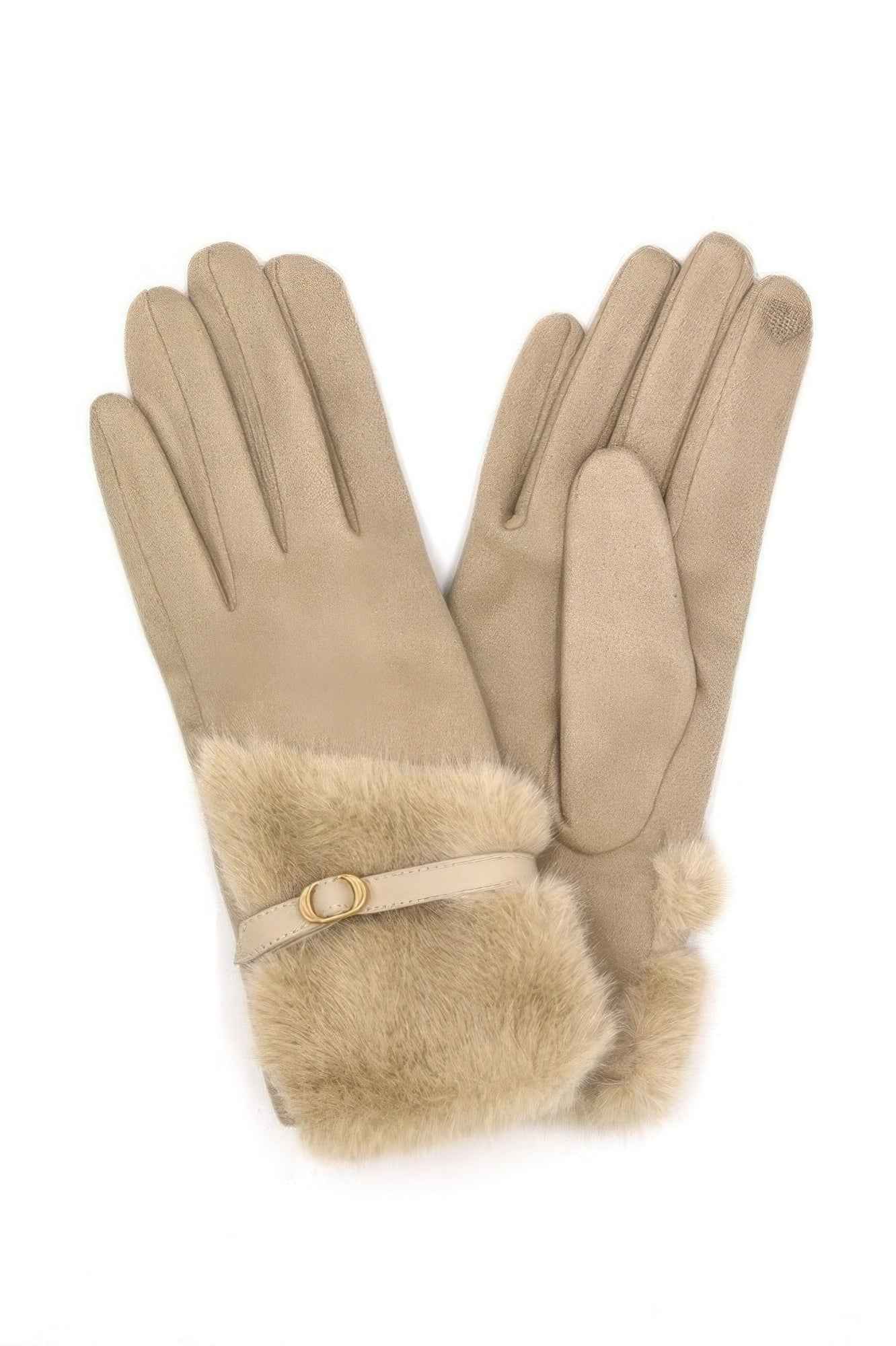 Faux Fur And Strap Cuff Smart Touch Gloves. Faux Fur And Strap Cuff Smart Touch Gloves.